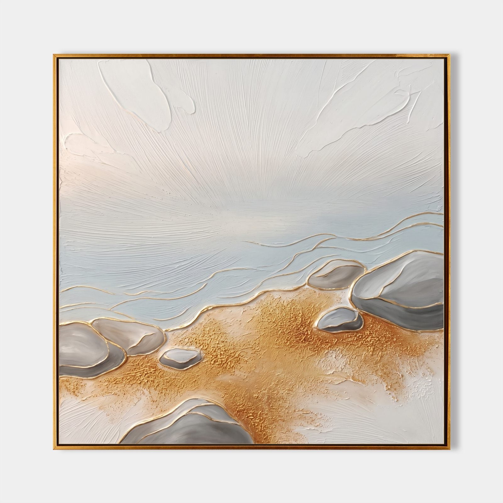 Quadro in pietra lacustre con texture 3D e dettagli dorati per decorare le pareti di un soggiorno moderno