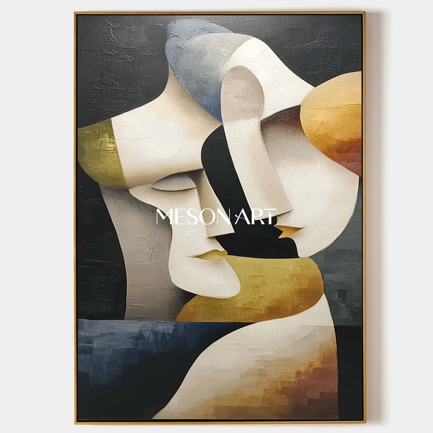 Original Vertical Luxury Cubist Couple Black Gold Hand-Painted Canvas
