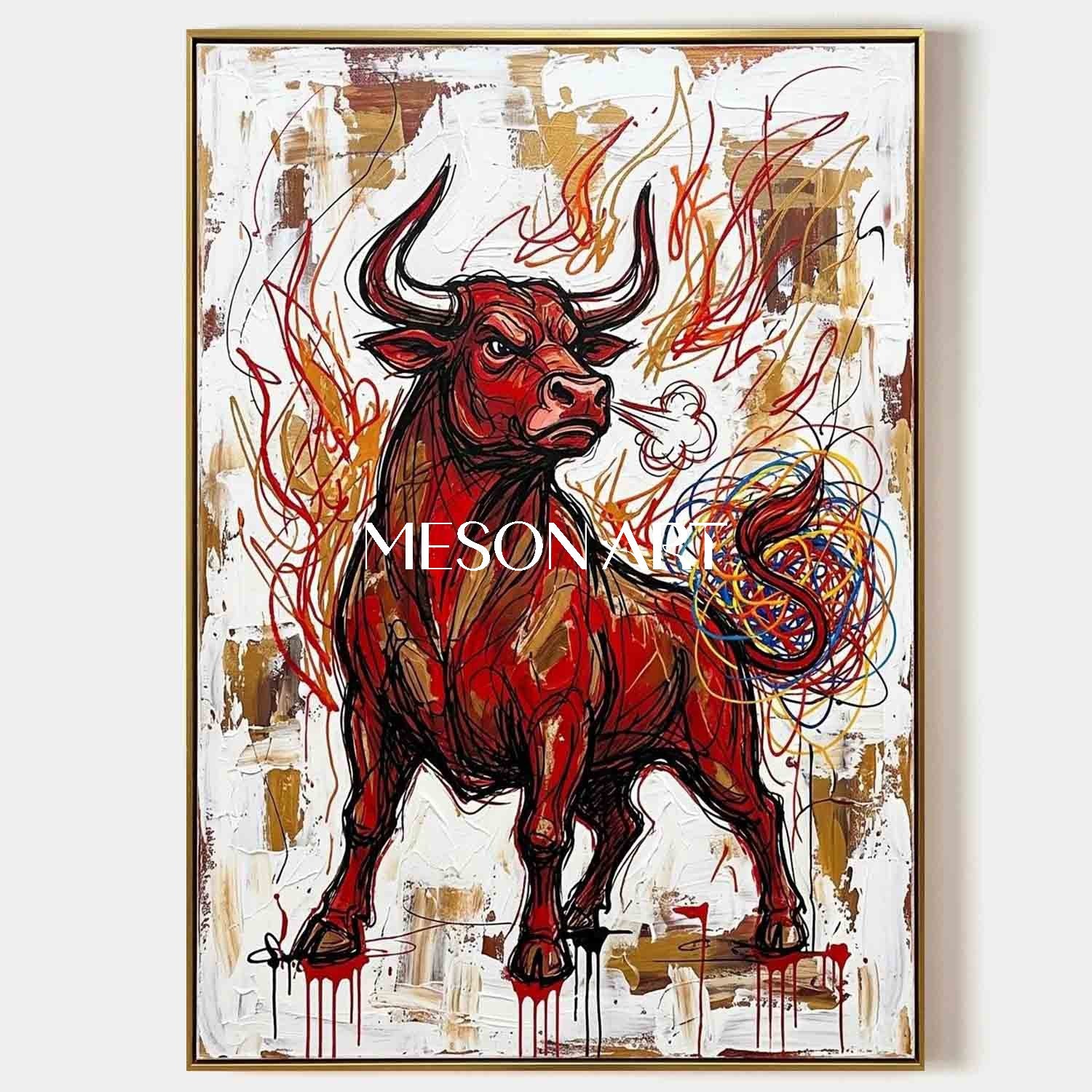 Angry Red Bull Heavily Textured Abstract Modern Oil Painting, Gold Framed Canvas Wall Art for Living Room and Office Decor.