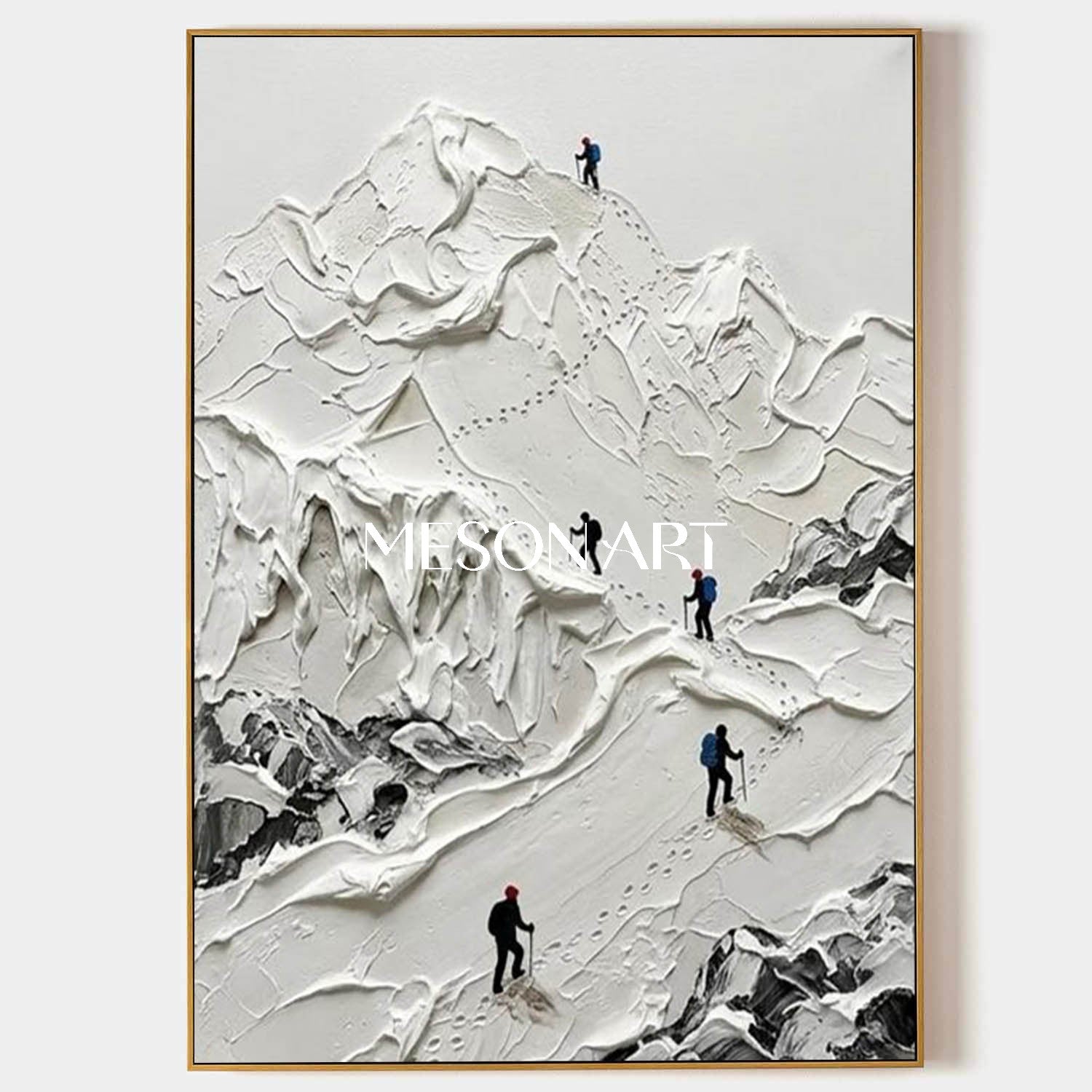 Large 3D Textured Snowy Mountain Hiker Oil Painting Minimalist Alpine Glacier Relief Wall Art Gold Frame