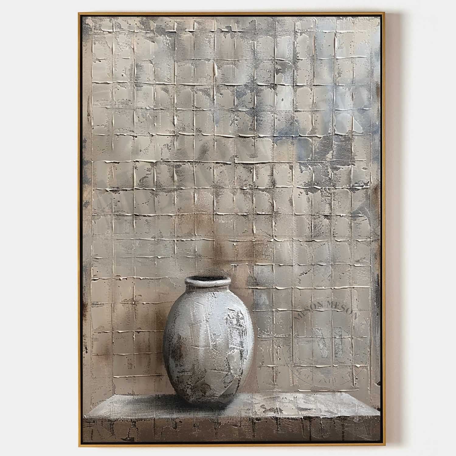 3D Gray Minimalist Abstract Art Gray Pottery Vase Minimalist Texture Painting Wabi-Sabi Wall Art