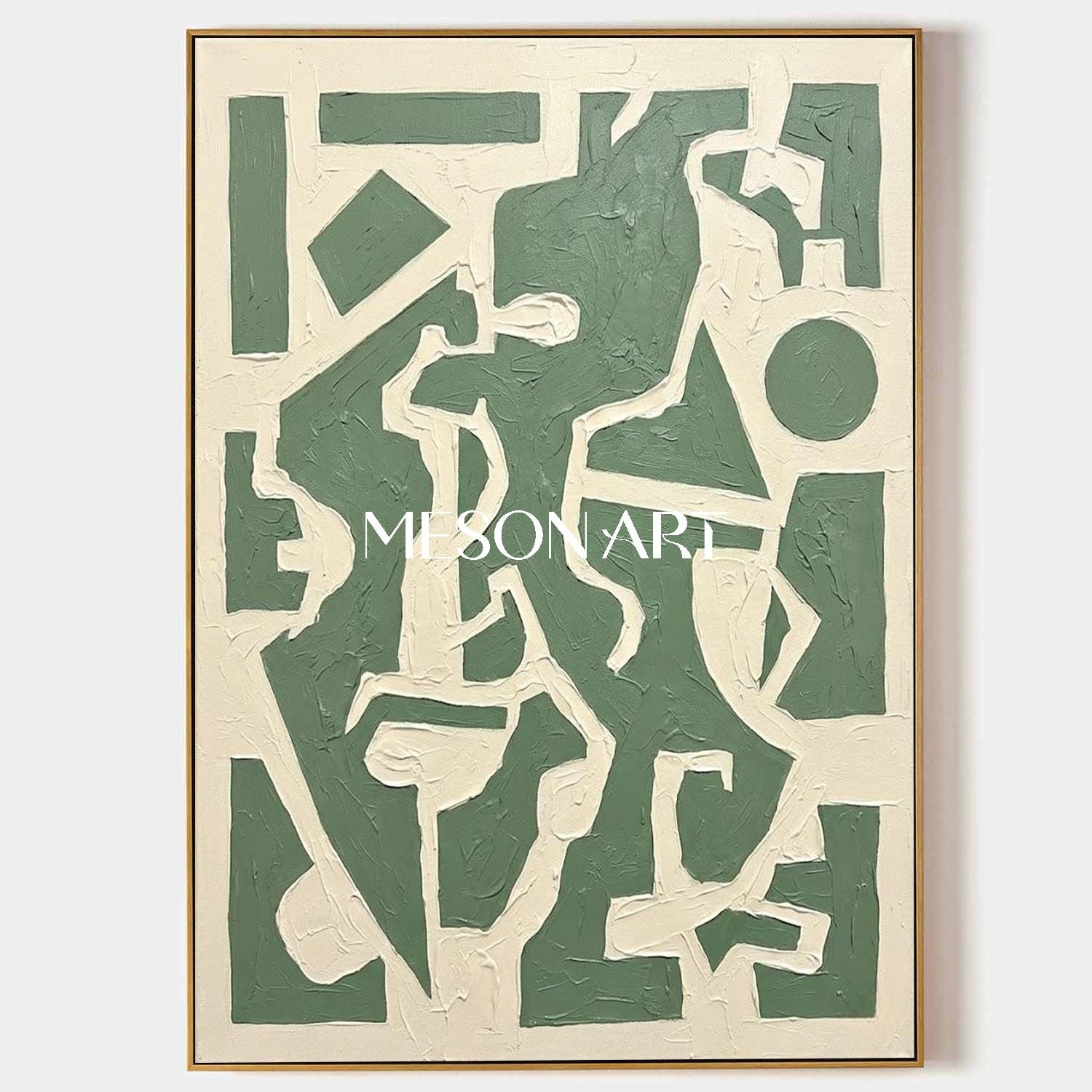 Vertical Sage Green Maze Art Modern Geometric Puzzle Painting MesonArt Exclusive Statement Piece