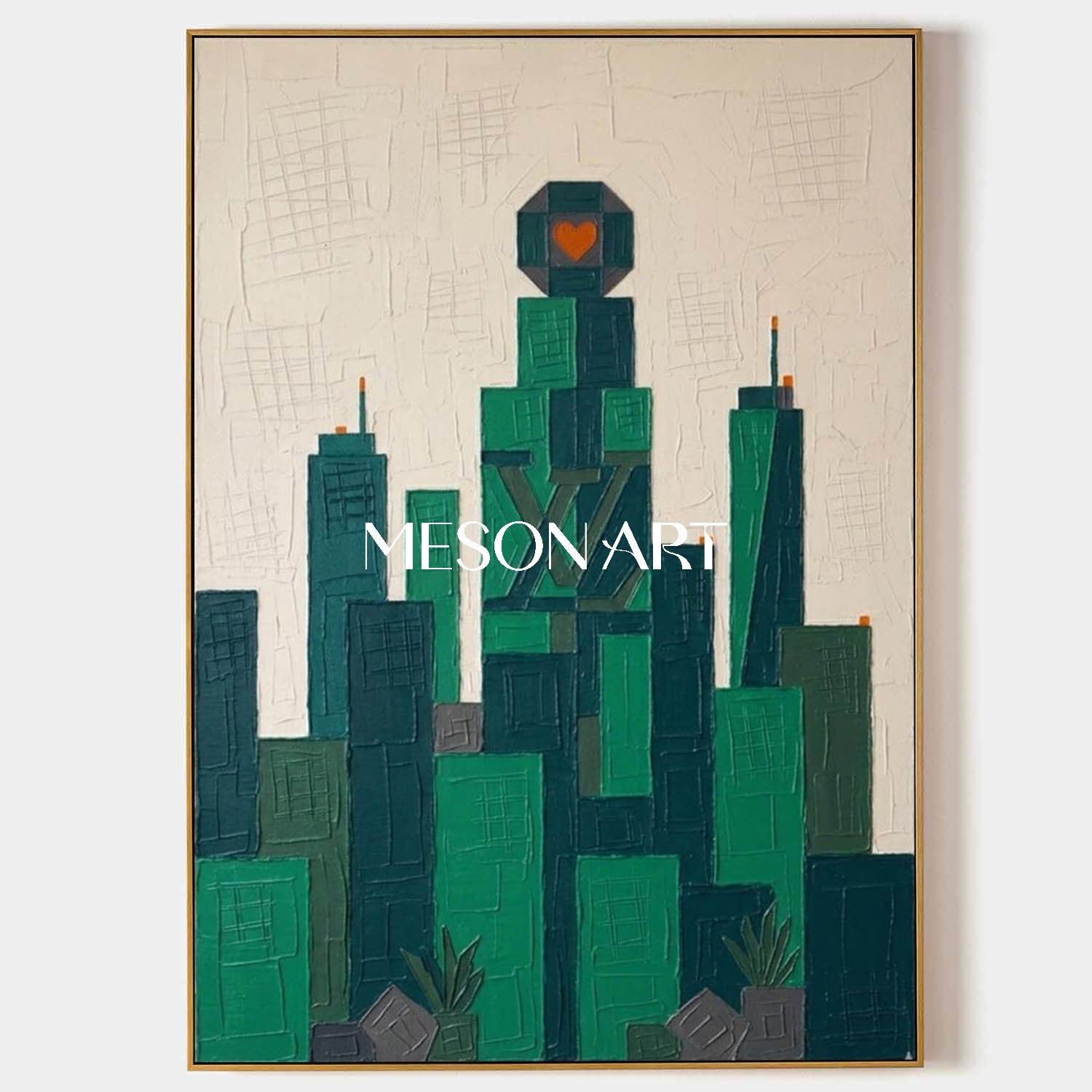 Geometric Urban Wall Decor Geometric Urban Architecture Painting Emerald Green Cityscape Artwork