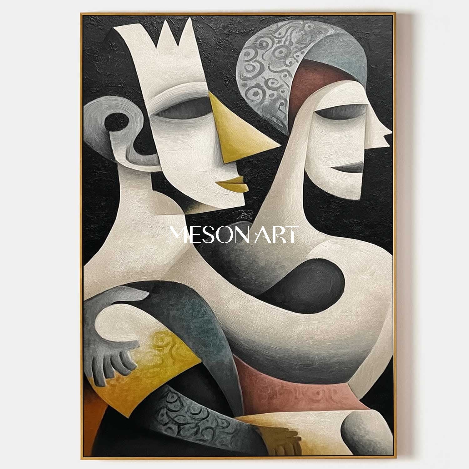 Oversized Black Abstract Art Vertical Canvas Cubist Hallway Wall Decor