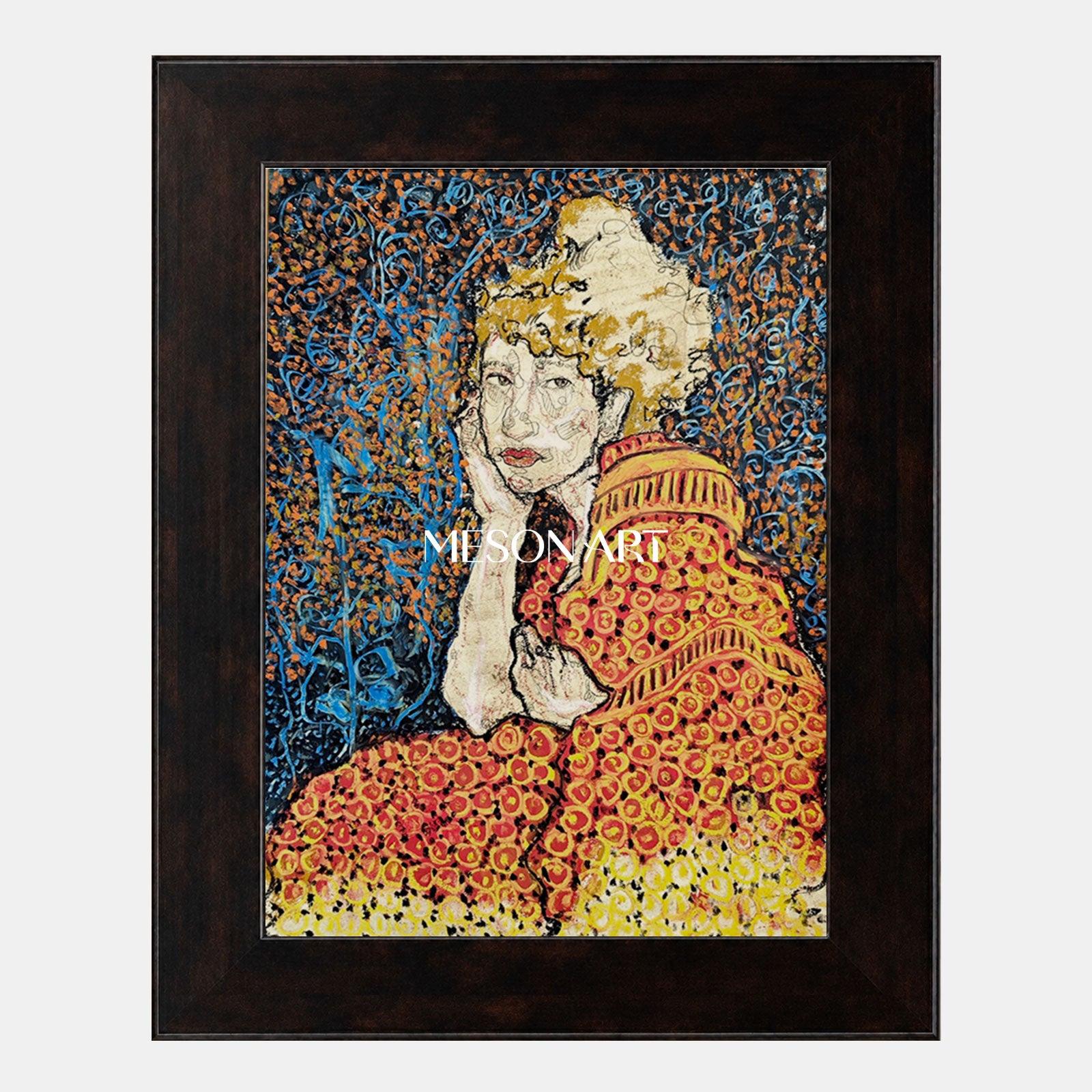 Art Deco Inspired Abstract Portrait Painting With Gold And Blue Tones For Modern Living Room Decor