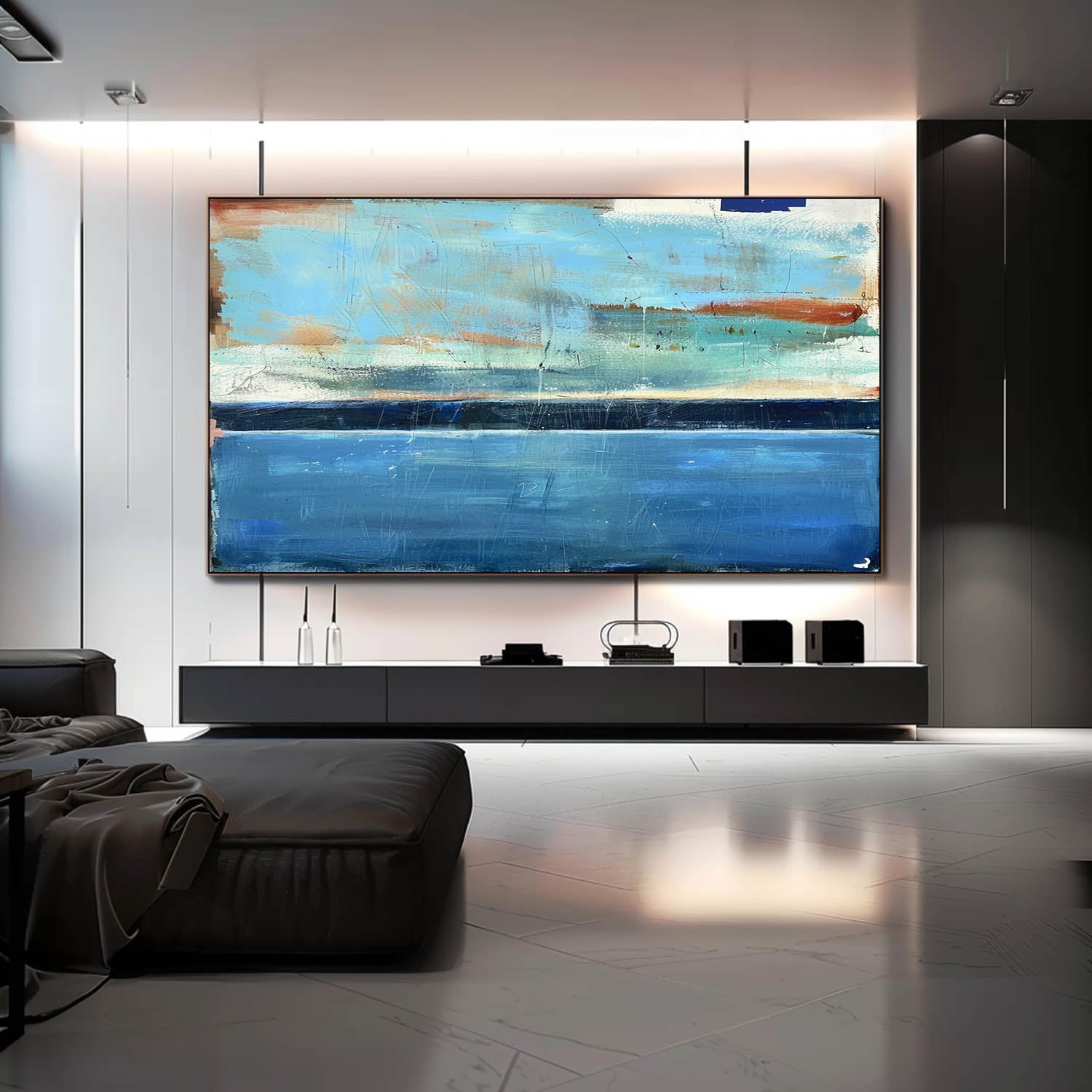 54*40 Light Blue Sea Abstract Oil Paintings Sea Abstract Art Canvas Dark Blue Sea Abstract Wall Art Decor