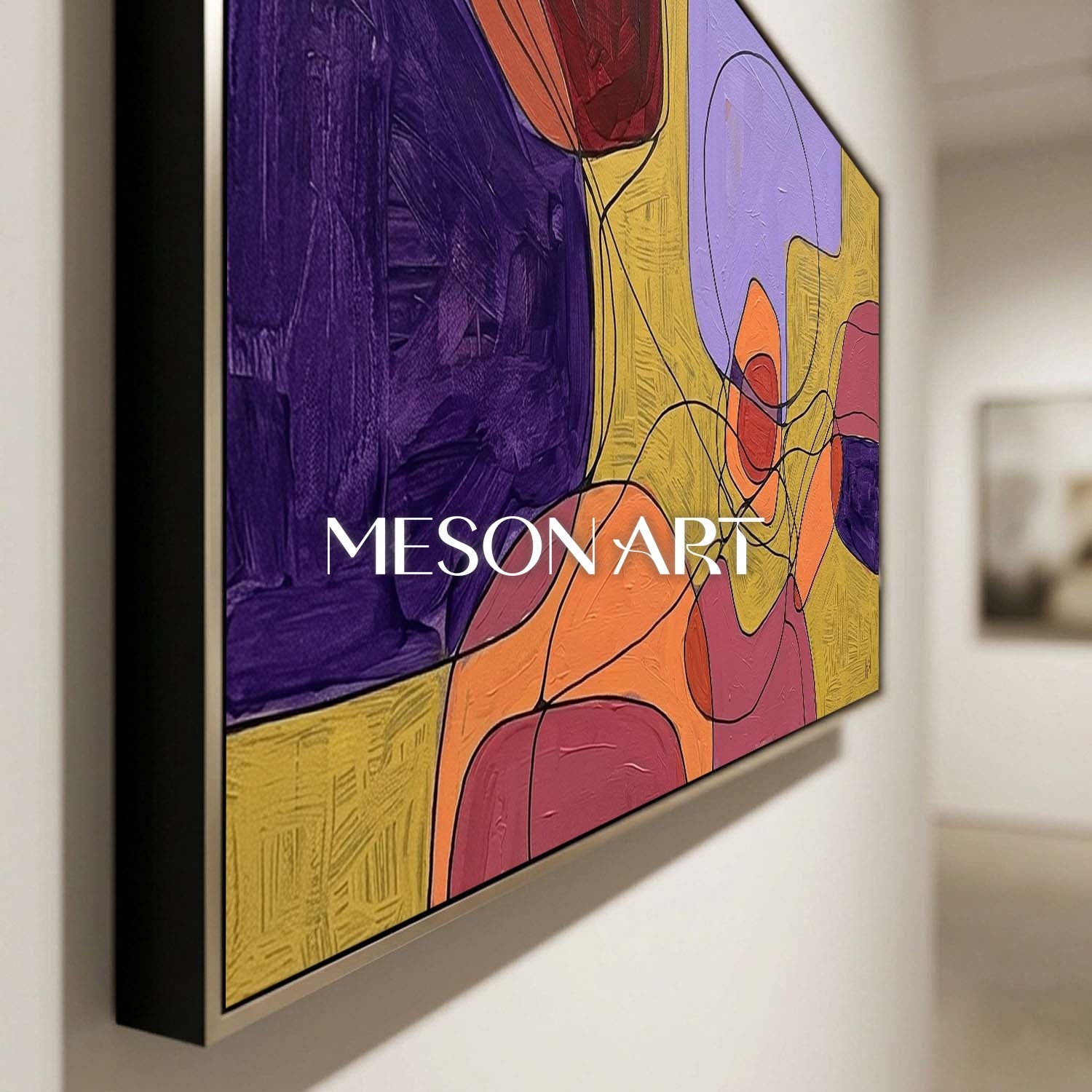 Contemporary Abstract Painting With Purple And Yellow For Modern Living Room Decor
