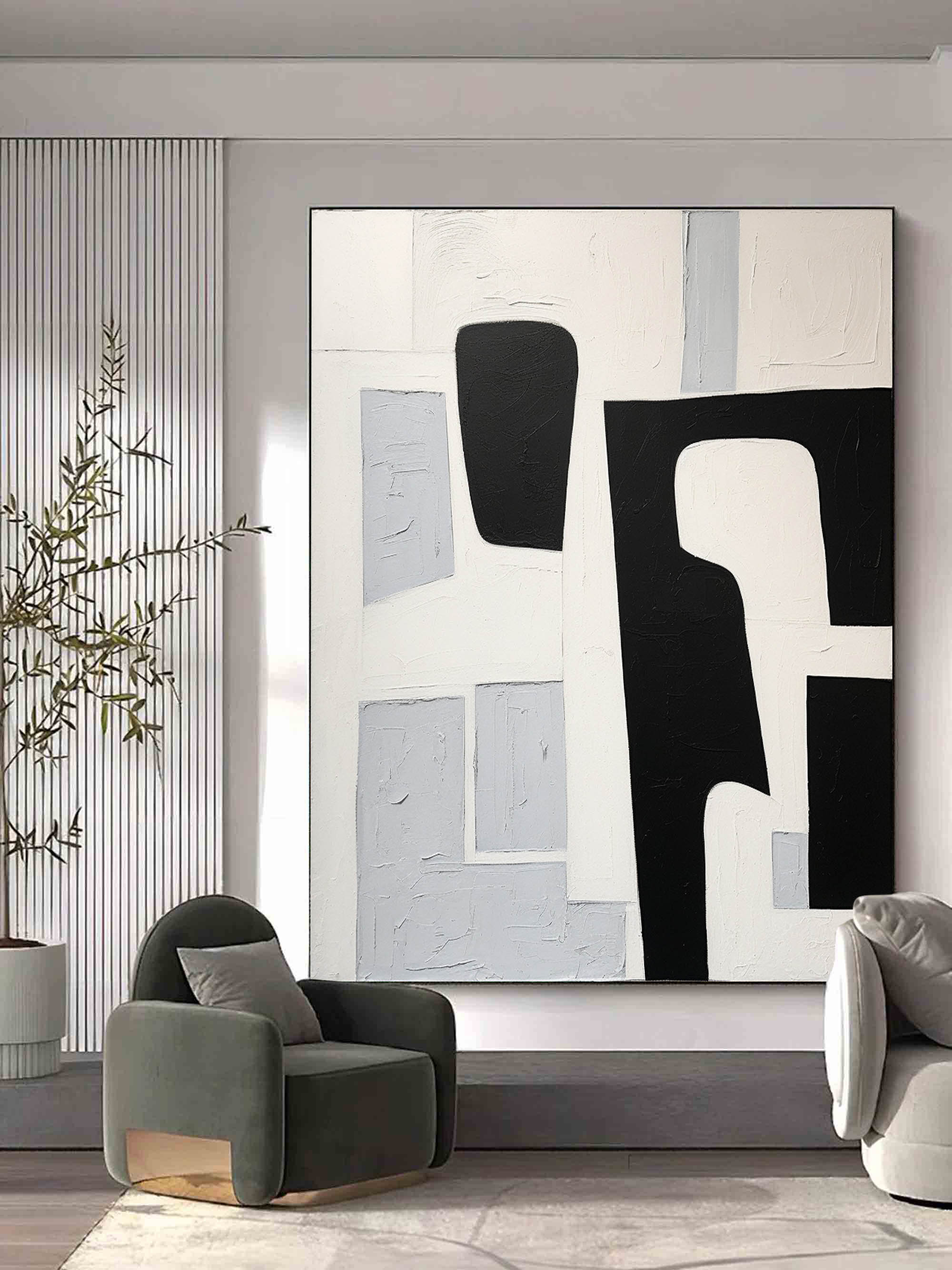 Large Black and White Minimalism Abstract Art Black and White Texture Painting Wabi-Sabi Wall Art