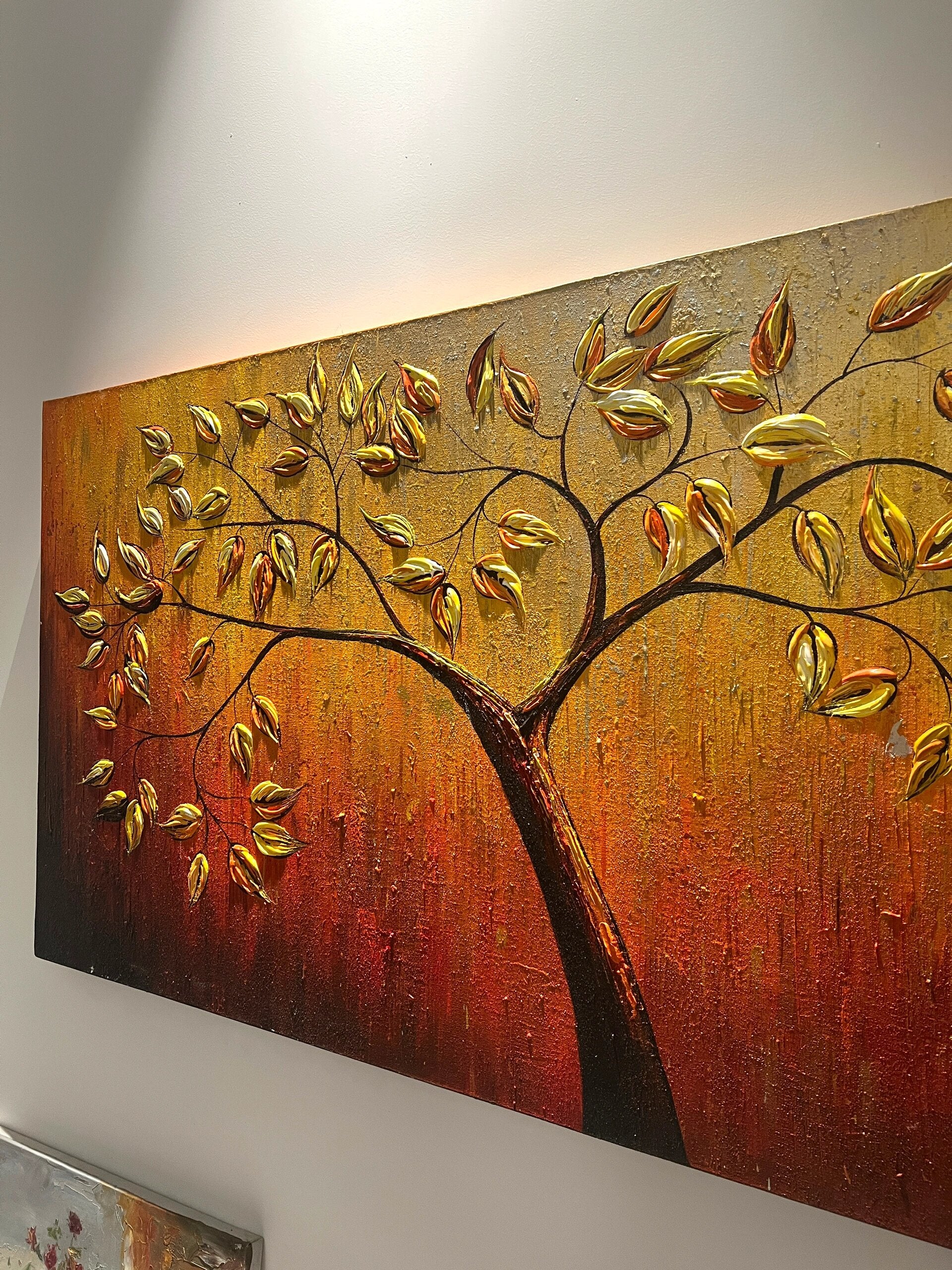 Large 3D Dold Leaf Tree Wall Art Decor Golden Leaf Tree Wall Decoration Hanging Painting Gold Leaf Tree Canvas Art