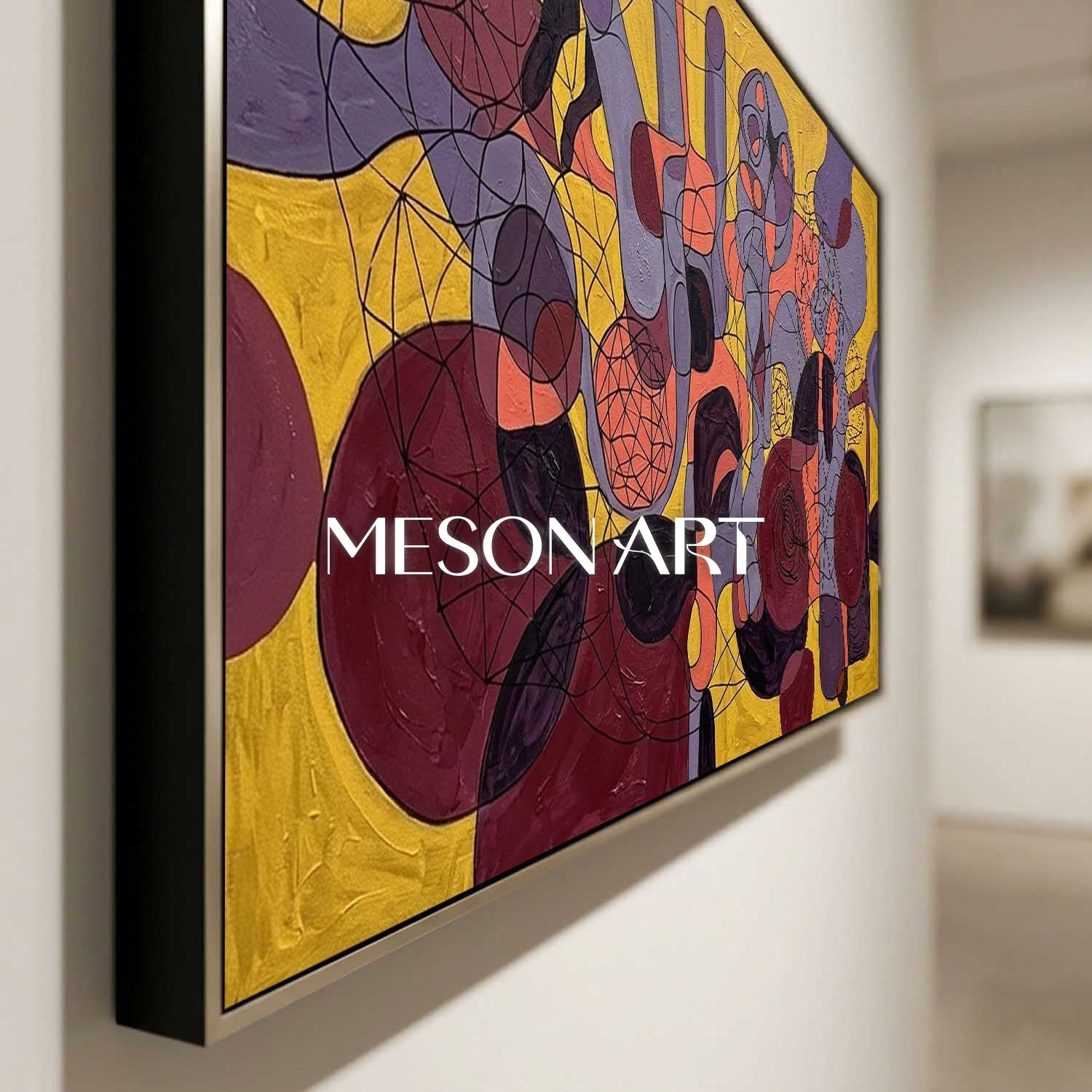 Contemporary Abstract Painting With Yellow And Purple Geometric Forms For Modern Living Room Decor