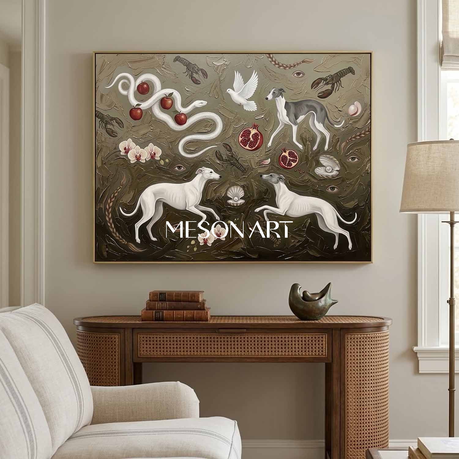 Original Surrealist Greyhound Painting Texture Wall Canvas Living Room