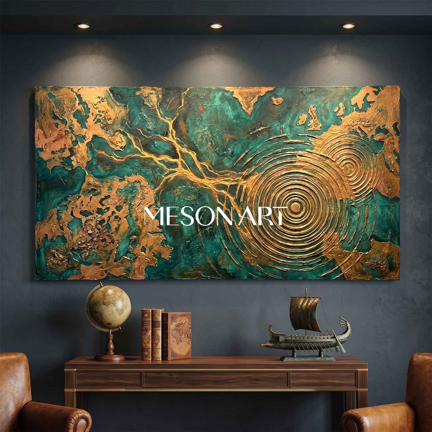 Large Green And Gold Abstract Painting With Textured Relief For Modern Living Room Decor