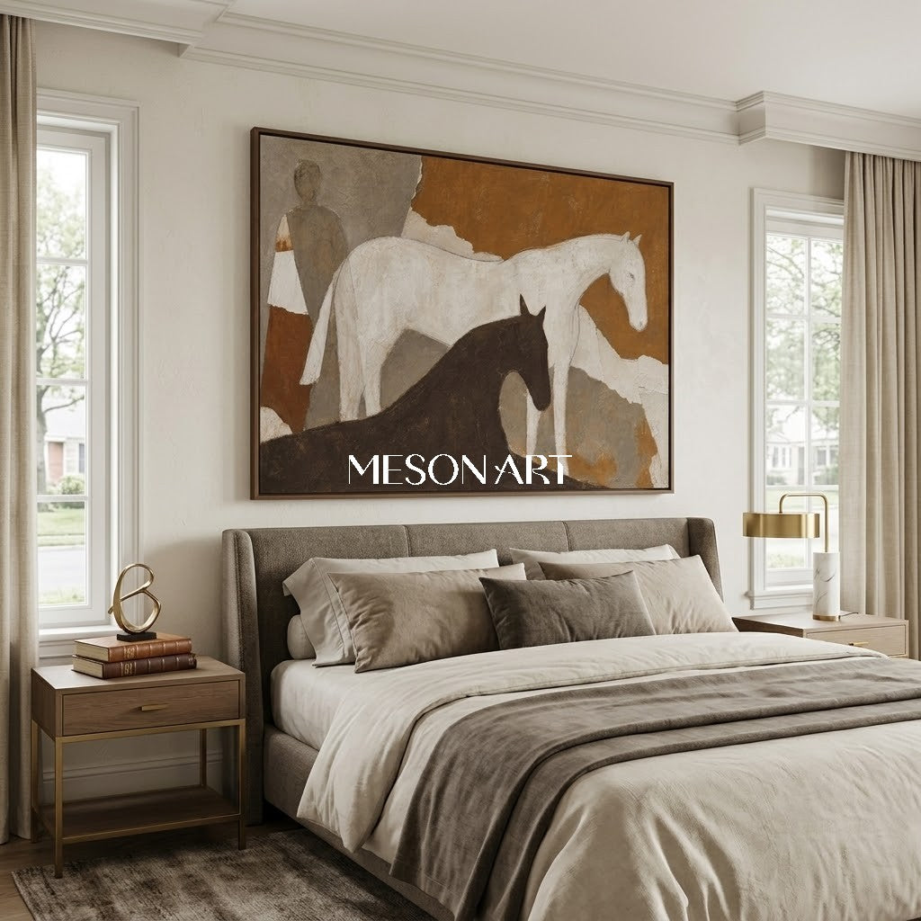 Wabi Sabi Textured Horse Painting With Earthy Tones For Modern Living Room Decor