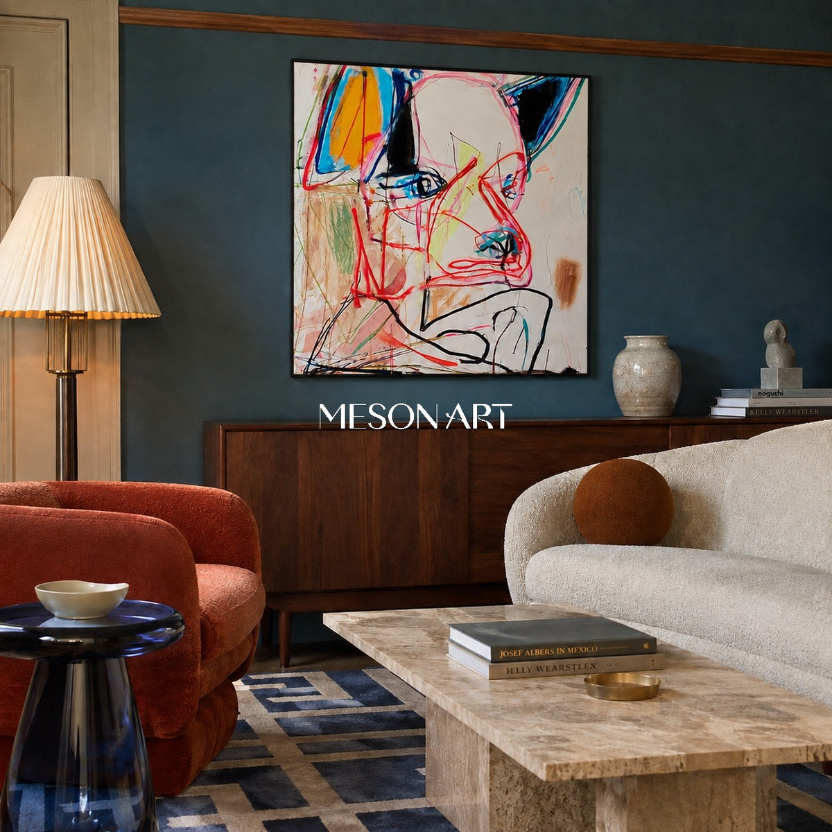Red And Blue Graffiti Expressionist Abstract Portrait Square Wall Art For Living Room By Mesonart