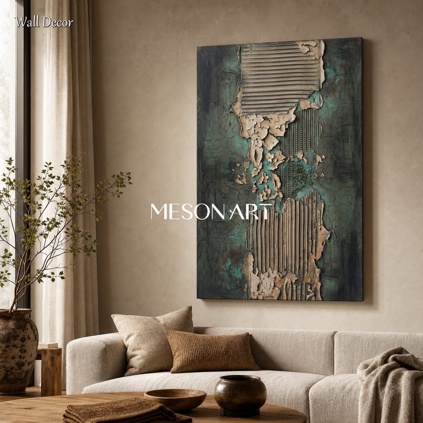 Green And Gray Textured Plaster Art With Geometric Relief For Modern Home Decor