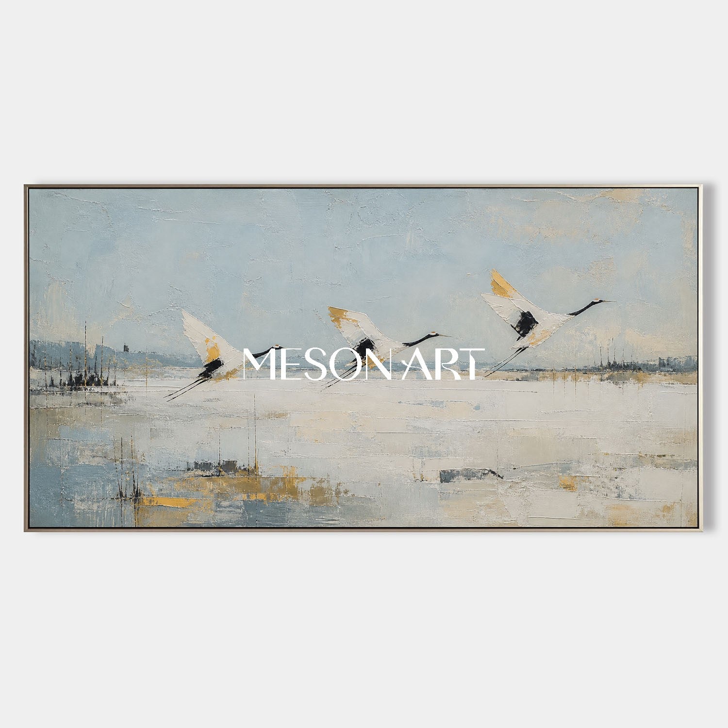 【原画】『Crane in the Clouds』 Minimalist Crane Landscape Painting Abstract Blue White Wall Art
