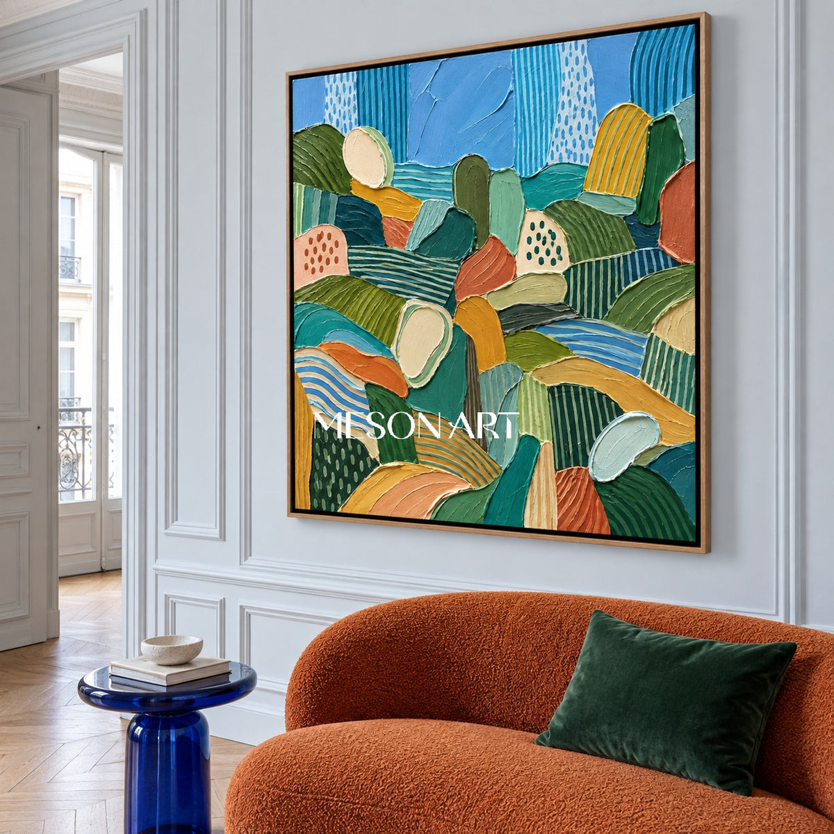 Blue And Green Abstract Landscape Painting Square Wall Art For Living Room By Mesonart