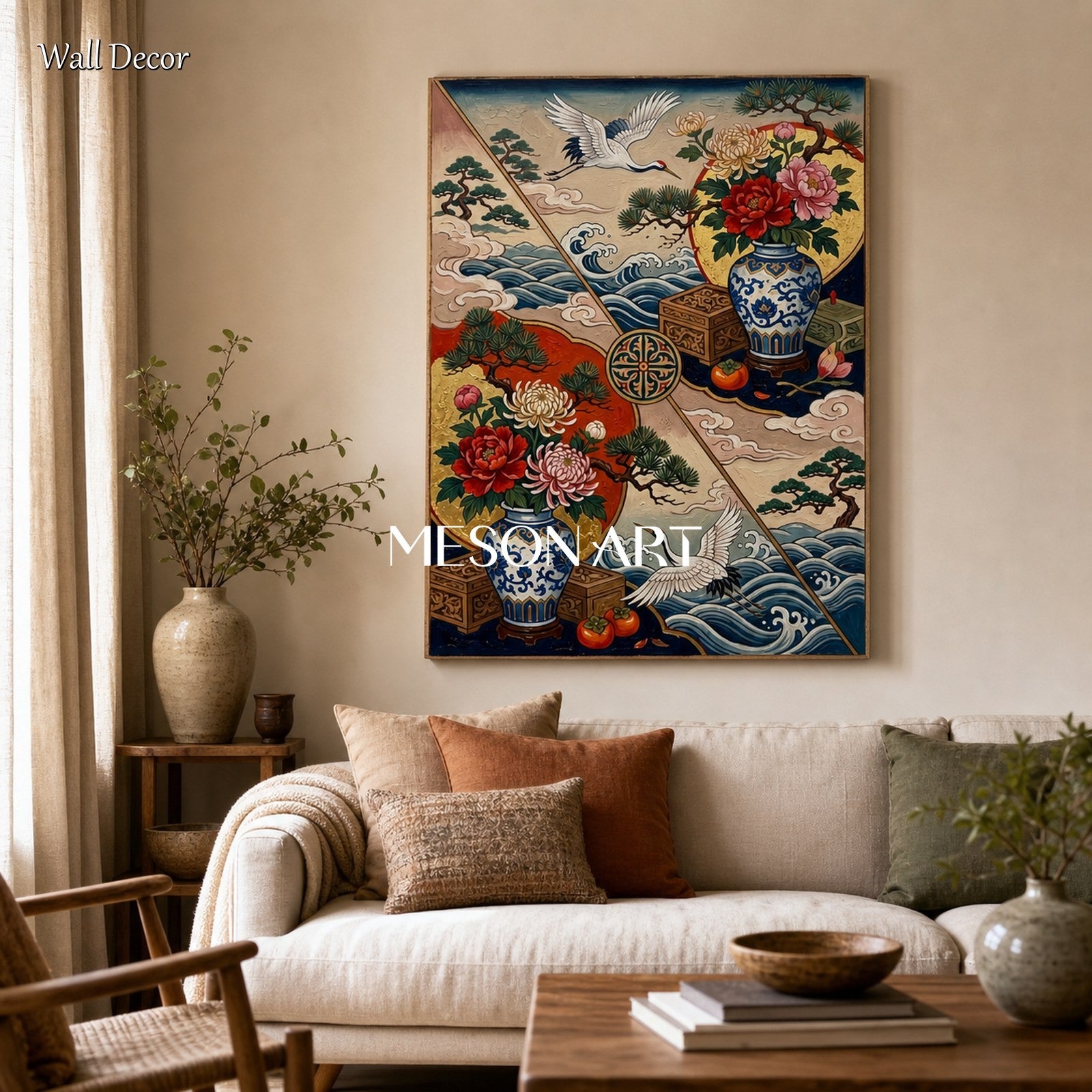 Luxury Chinoiserie Crane And Peony Wall Art With Gold Frame For Living Room Entryway Decor