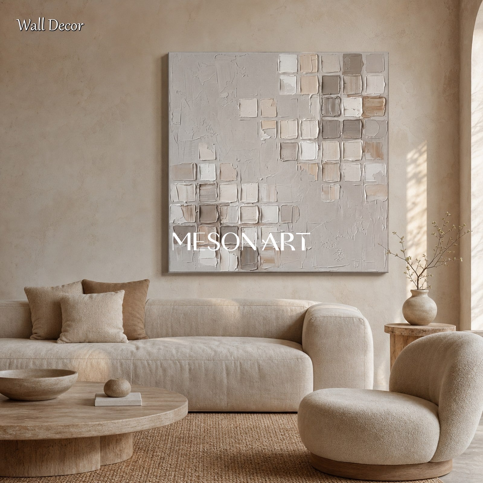 Minimalist Geometric Textured Wall Art In Beige And White For Modern Home Decor