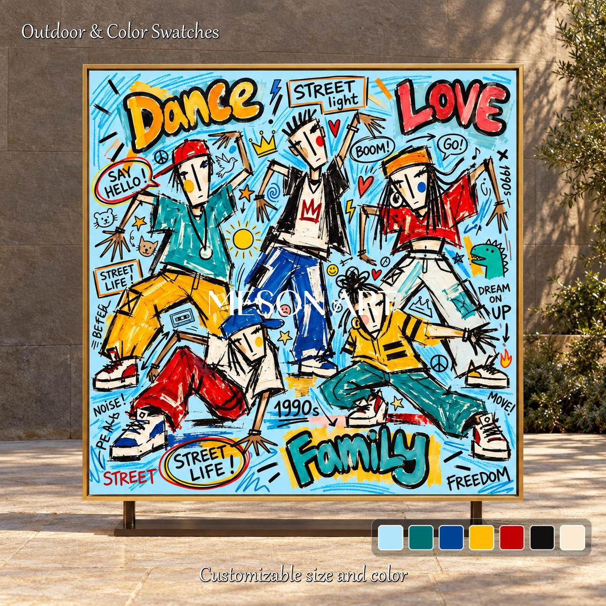 Blue And Yellow Abstract Street Dance Graffiti Art Square Wall Decor For Living Room By Mesonart