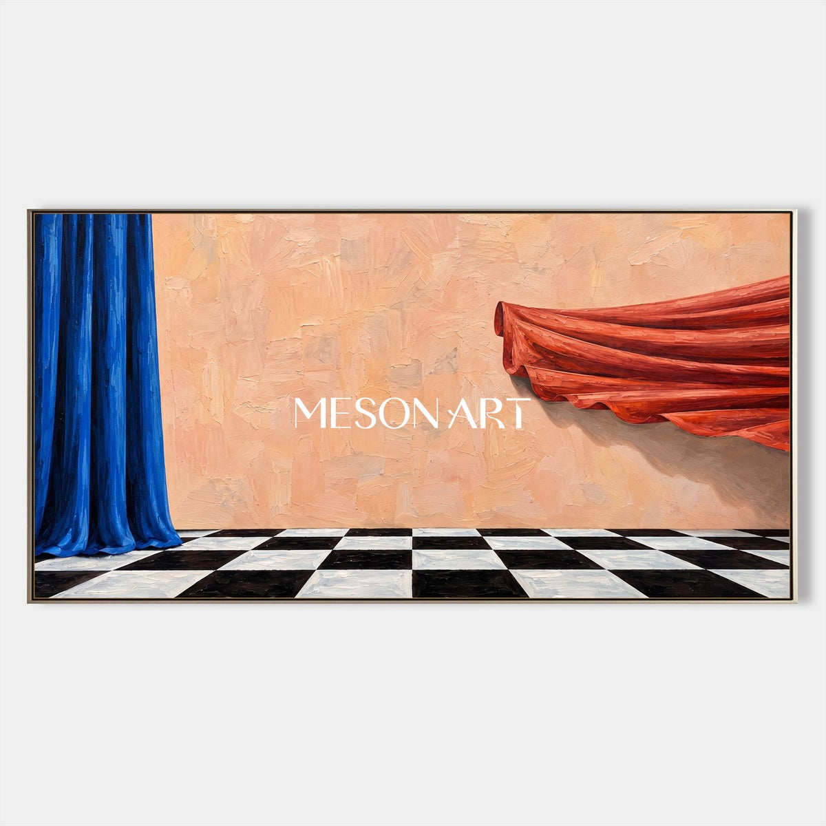 Quadro surrealista blu e rosso, decorazione murale panoramica per il soggiorno, opera originale dell'artista Mesonart