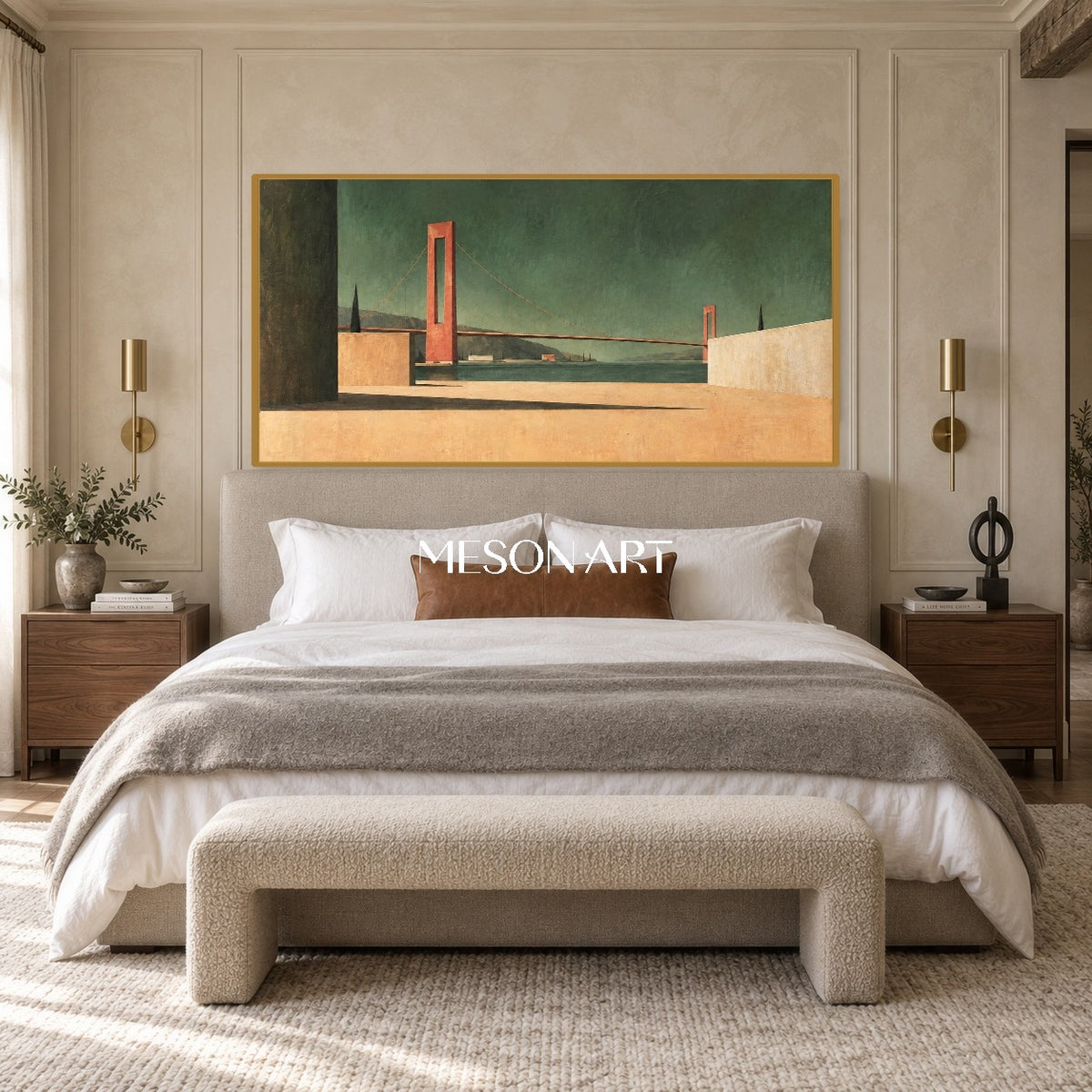 Green And Brown Surrealist Architectural Painting Minimal Geometric Bridge Horizon Panoramic Wall Art For Living Room By Mesonart