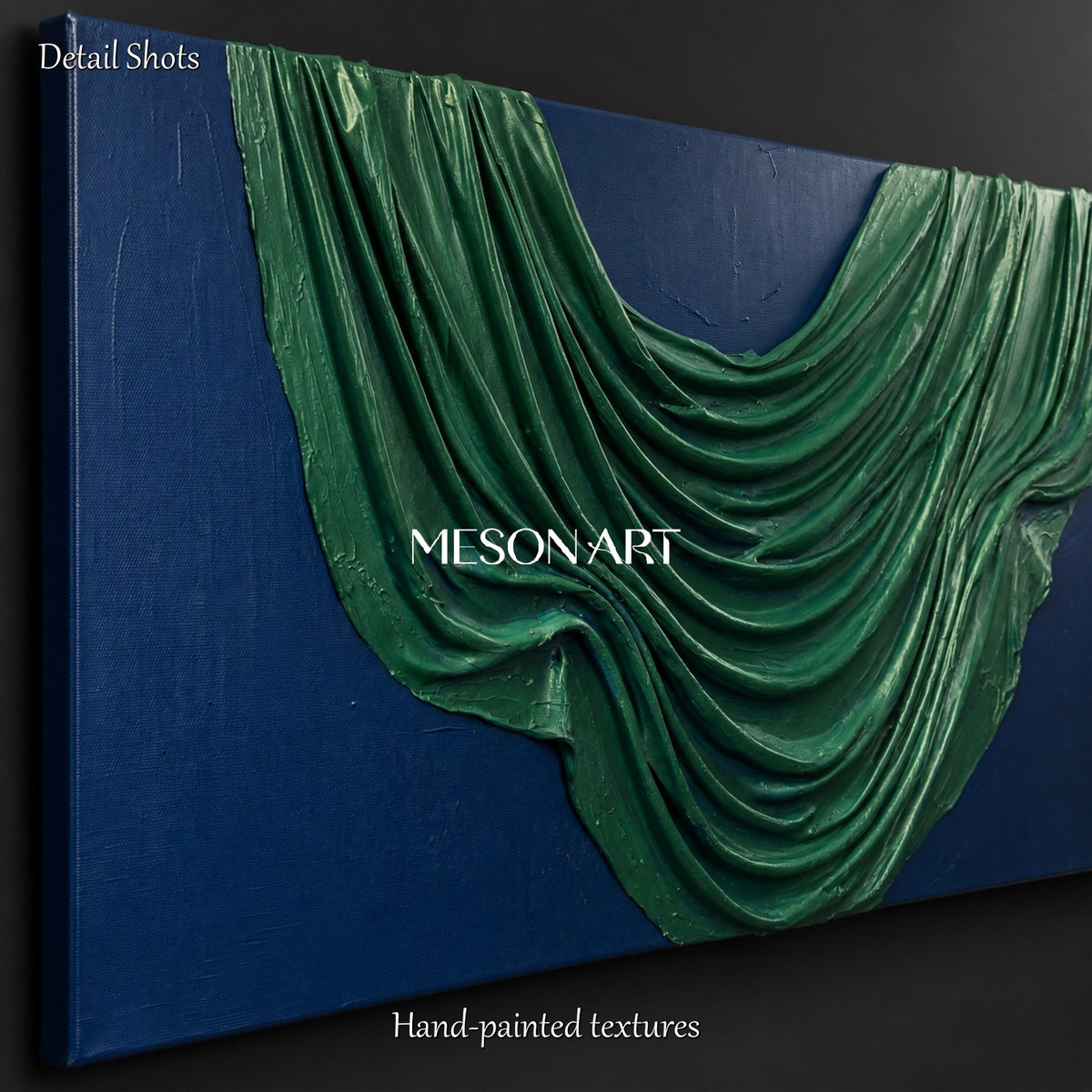Opera d'arte da parete minimalista in gesso 3D, con motivi verdi e blu, a rilievo, panoramica e scultorea, opera originale dell'artista Mesonart