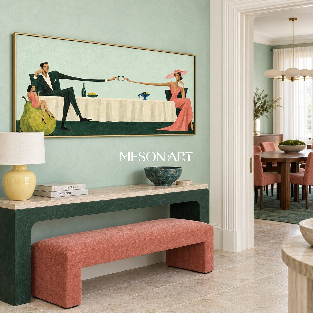 Green And Pink Figurative Modern Minimalist Panoramic People Wine Art By Mesonart