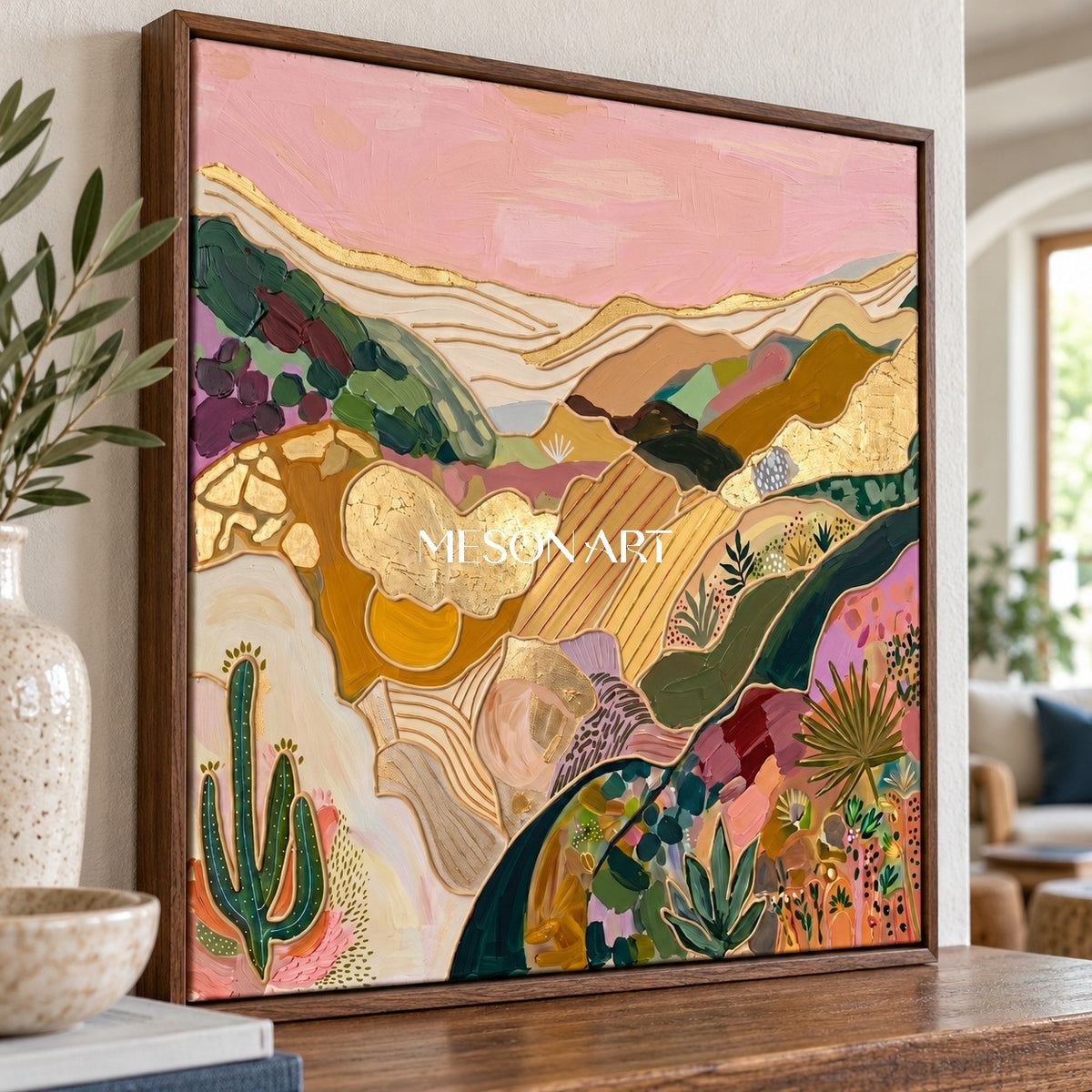 Pink And Gold Abstract Landscape Textured Painting Square Wall Art Modern Bohemian Original Artist By Mesonart