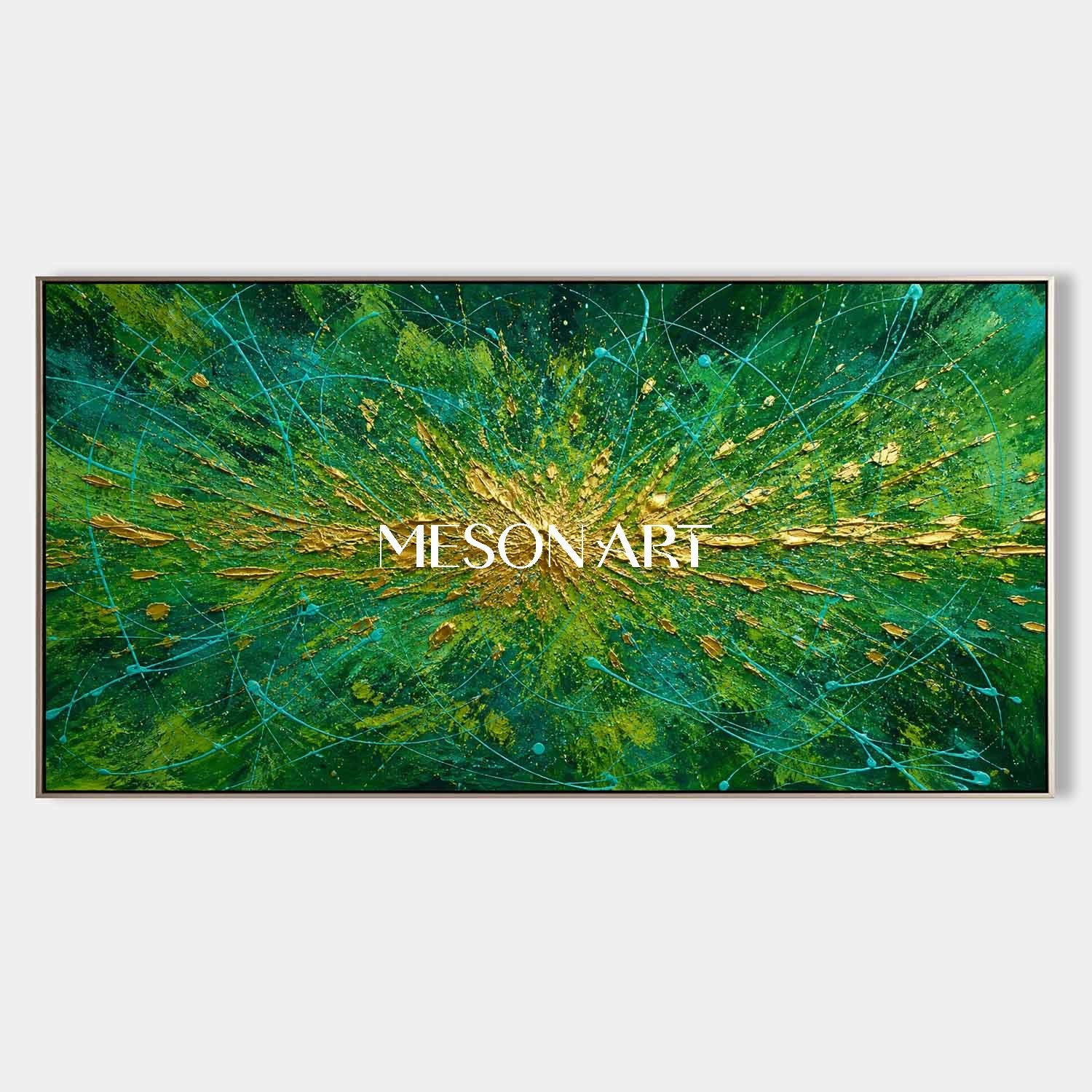Emerald Green And Gold Pollock Abstract Painting For Modern Living Room Decor