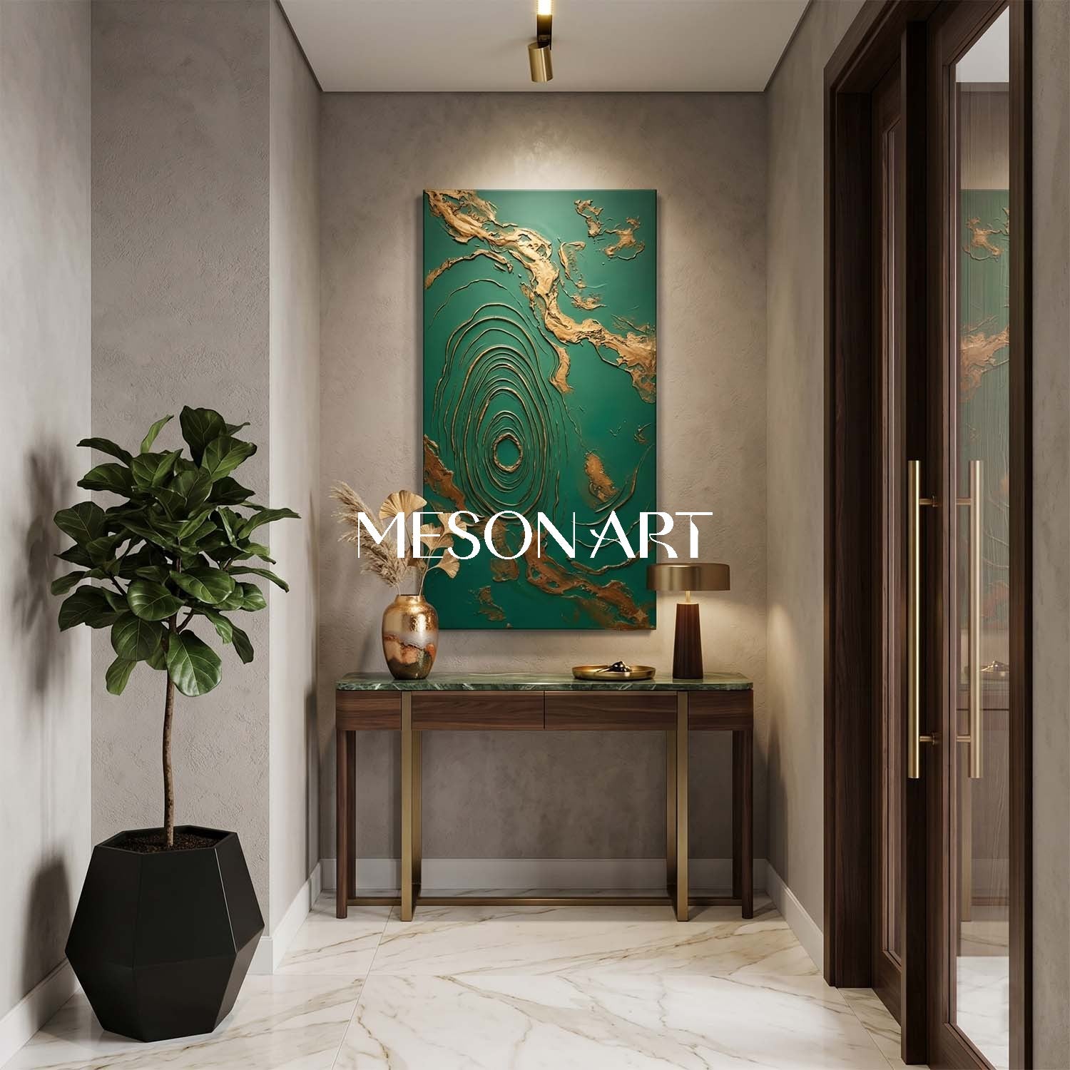 Large Green And Gold Abstract Wall Art For Modern Entryway Decor