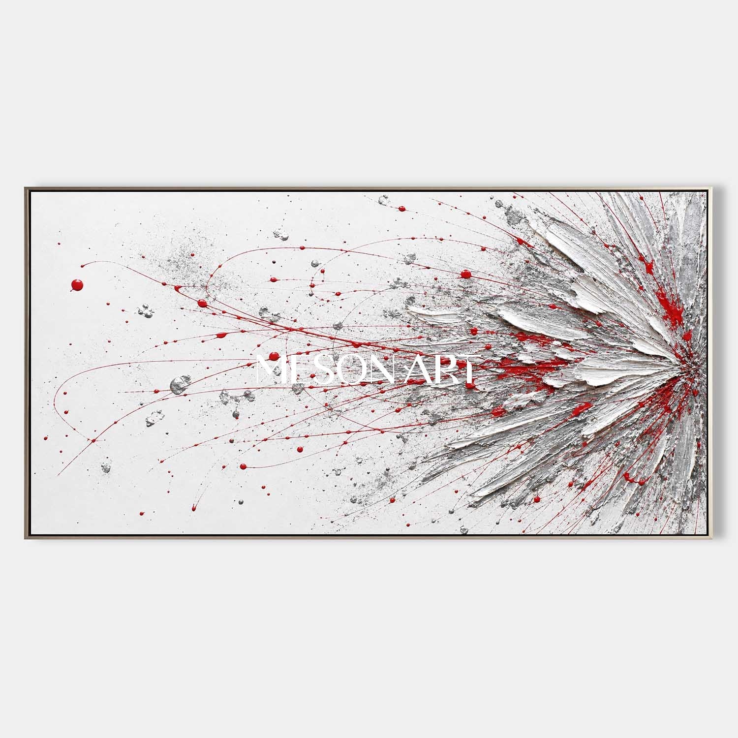 Bold Red And White Abstract Painting With Textured Relief For Modern Living Room Decor