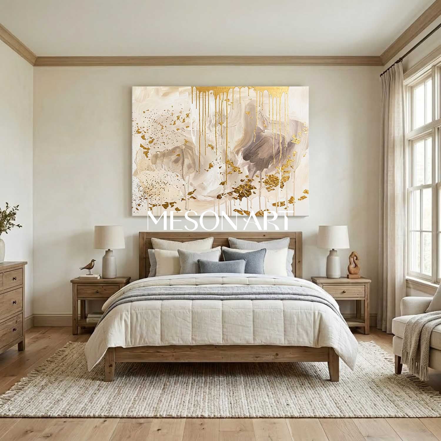 Luxury Gold Leaf Abstract Art With Cream Neutral Tones For Modern Living Room Decor