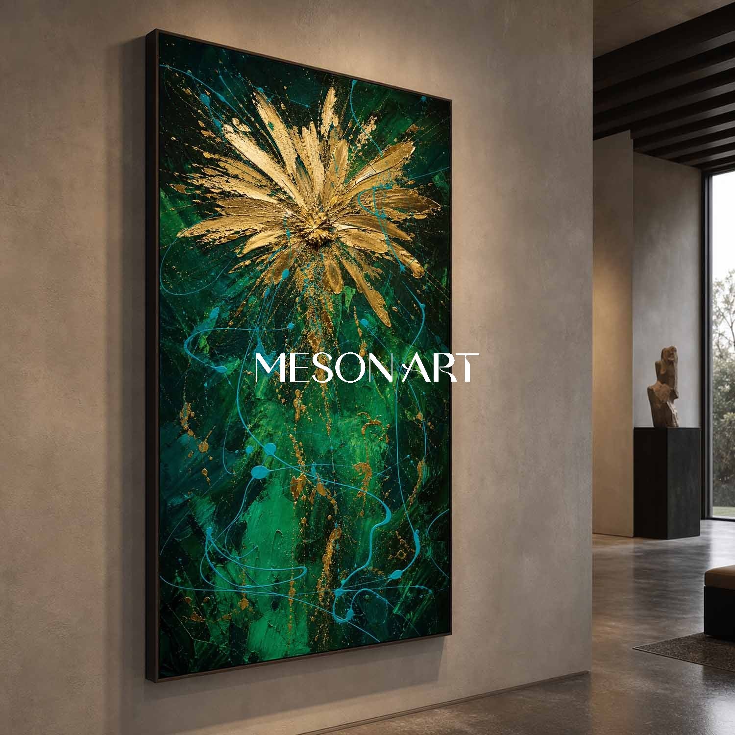 Emerald Green And Gold Abstract Painting In Pollock Style For Living Room