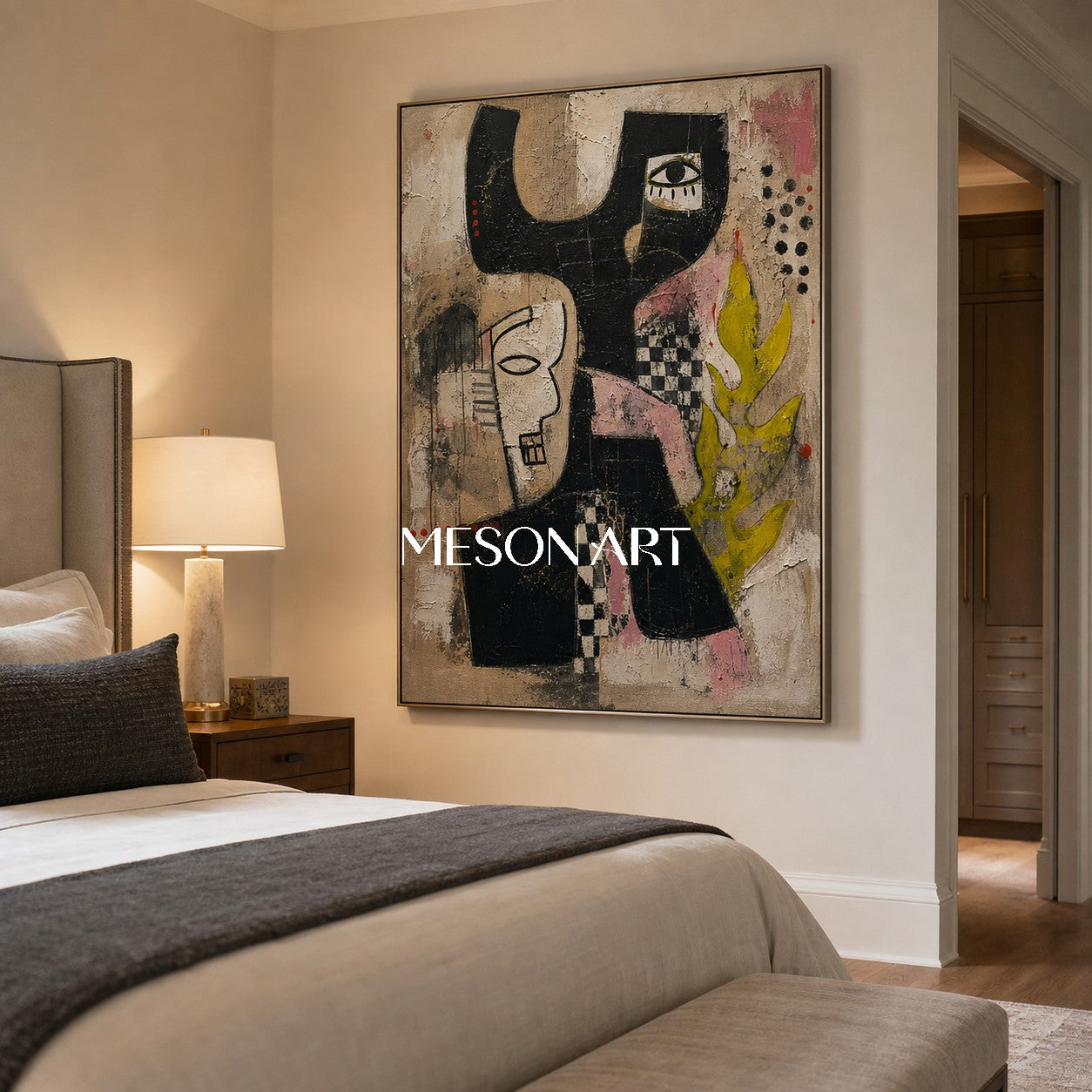 Urban Graffiti Inspired Portrait Painting In Black And White With Yellow Accents For Industrial Loft Decor