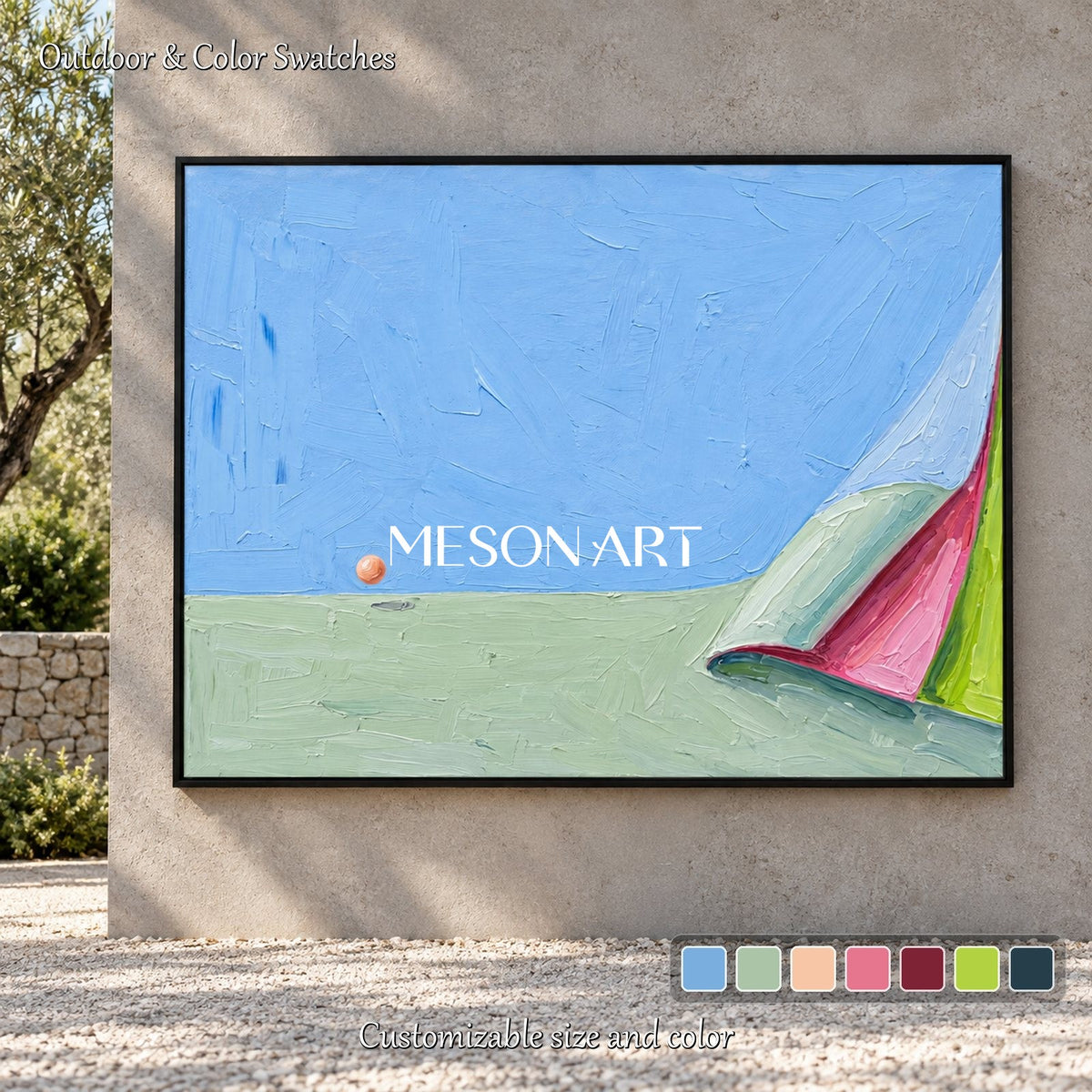 Quadro surrealista blu e verde raffigurante lo spazio, opera d’arte da parete rettangolare per il soggiorno di Mesonart