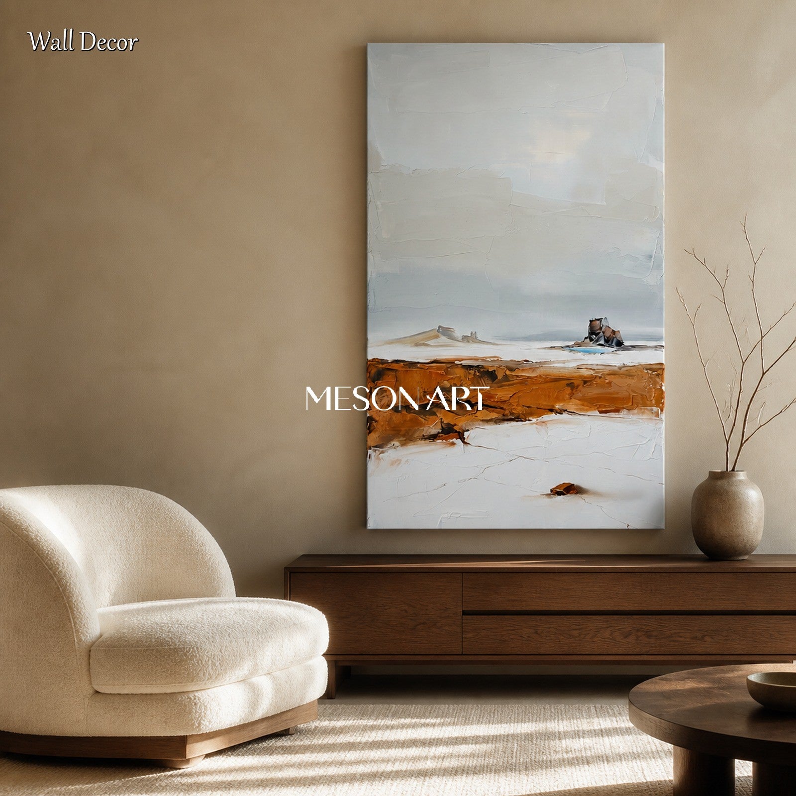White And Brown Abstract Landscape Painting Panoramic Textured Art Original Artist Hand Painted By Mesonart