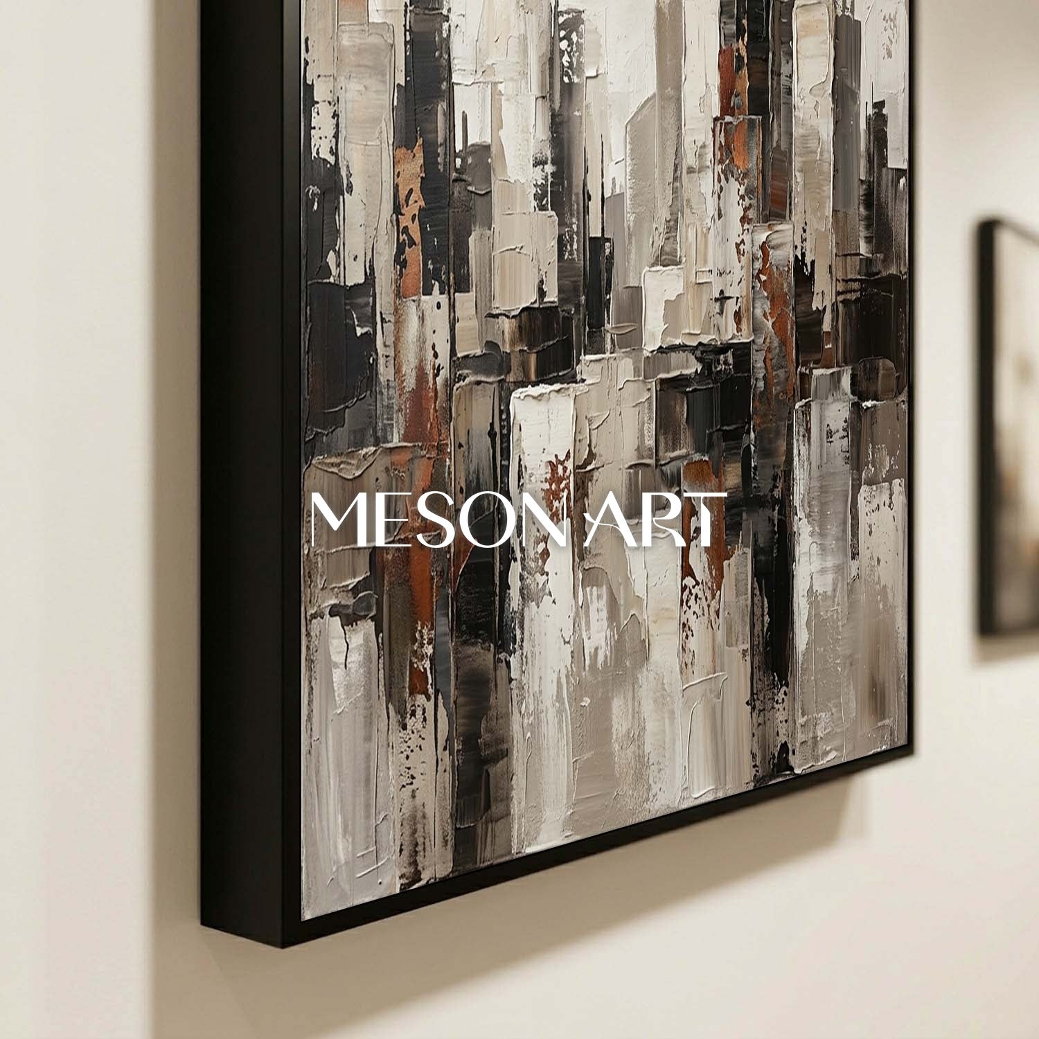 Abstract City Skyline Painting With Plaster Texture For Industrial Loft Decor