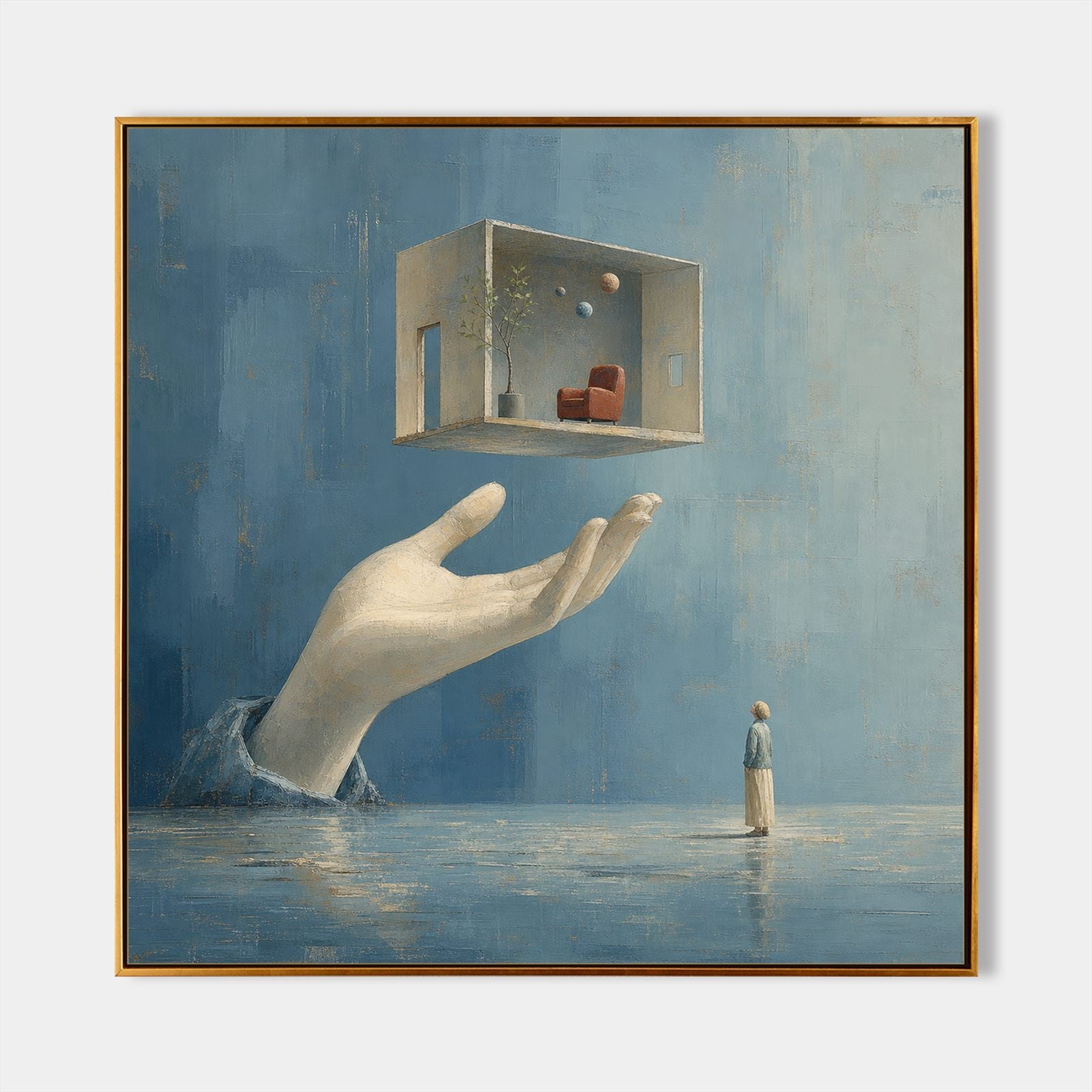 Surrealist Abstract Painting With Giant Hand And Floating Room In Blue Beige Tones