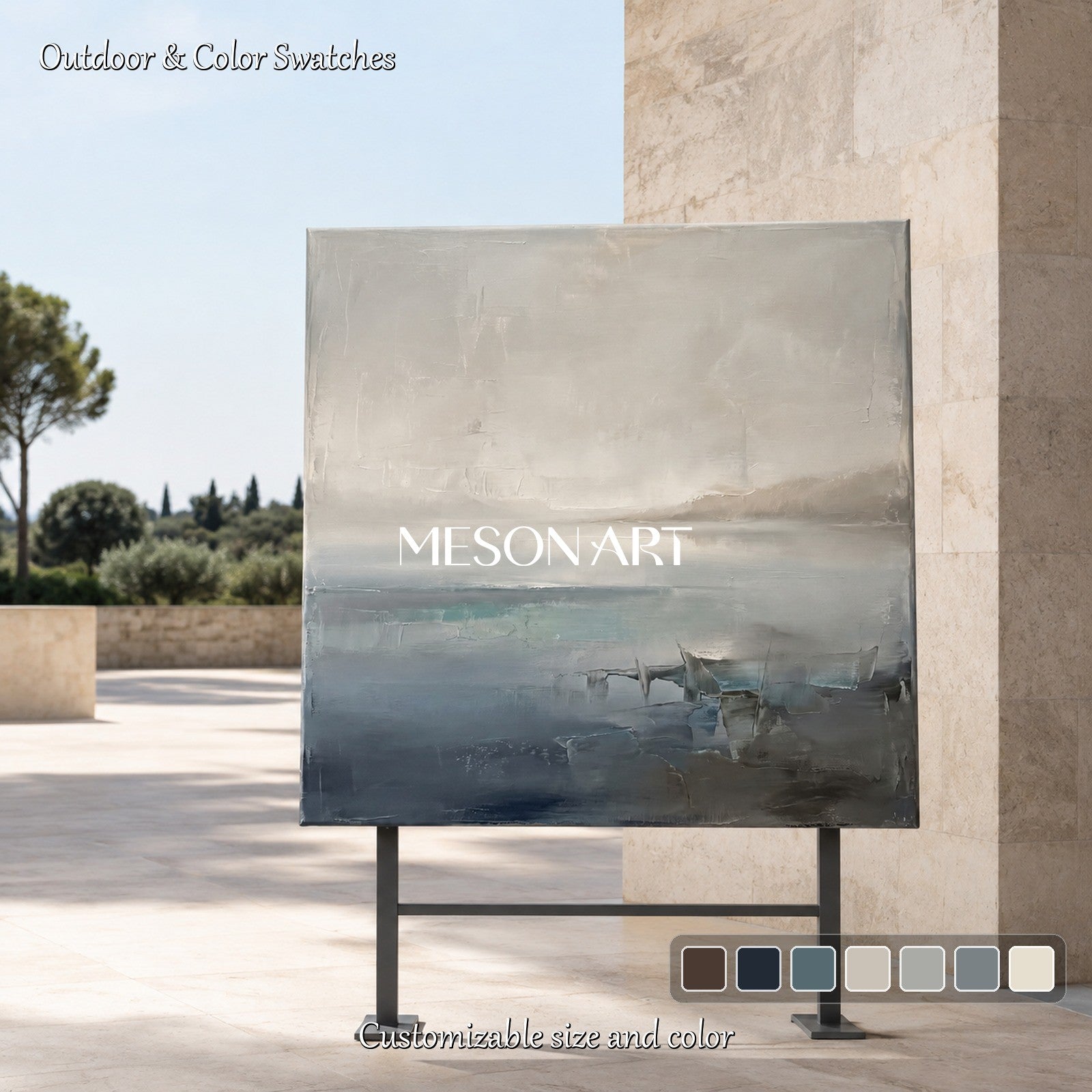 Gray And Blue Abstract Landscape Painting Square Wall Art Original Artist Hand Painted By Mesonart