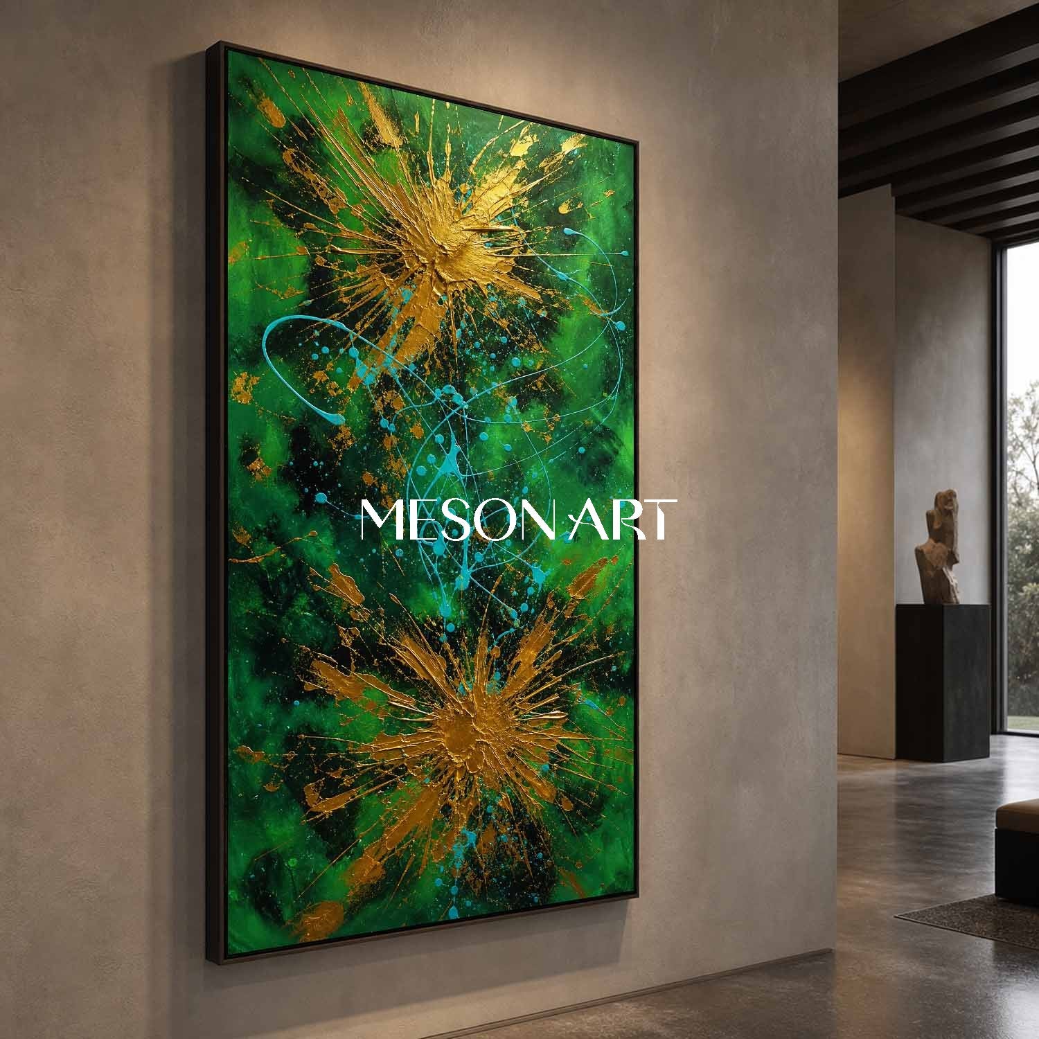 Emerald Green And Gold Abstract Art With Textured Relief For Modern Living Room Decor