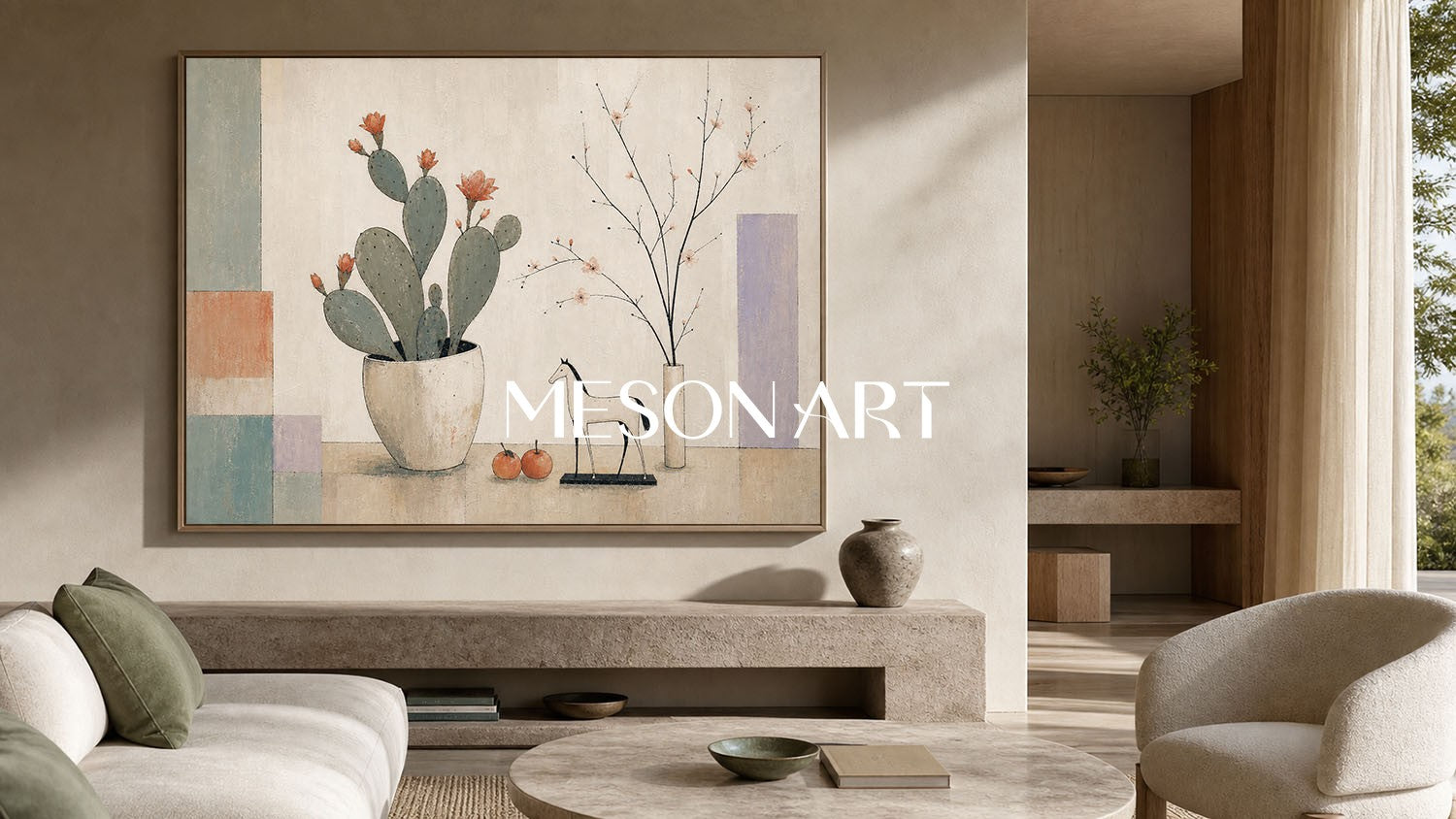 Art Deco Cactus Painting For Modern Living Room Decor With Geometric Shapes