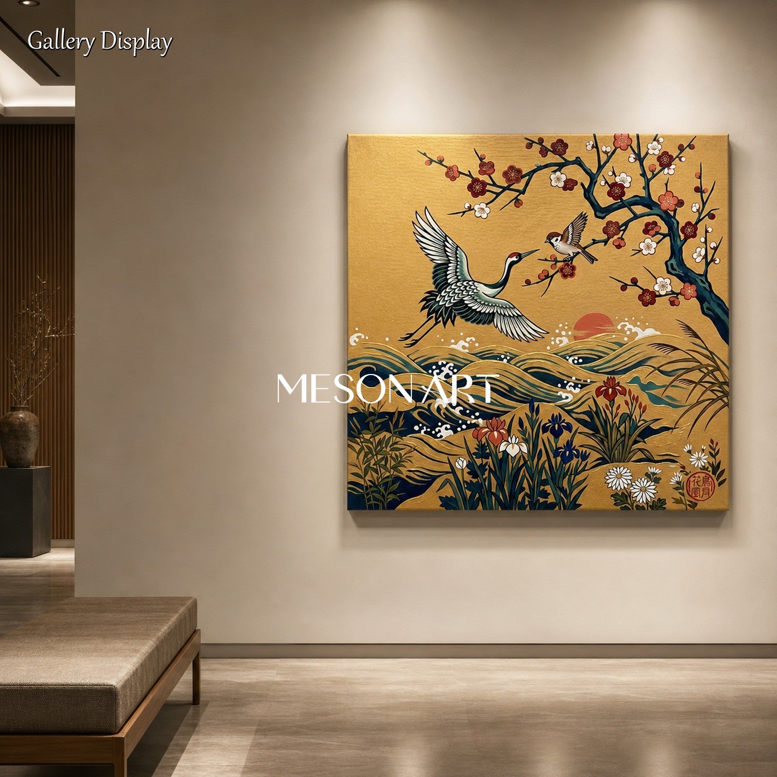 Luxury Golden Crane And Plum Blossom Wall Art For Modern Living Room Entryway