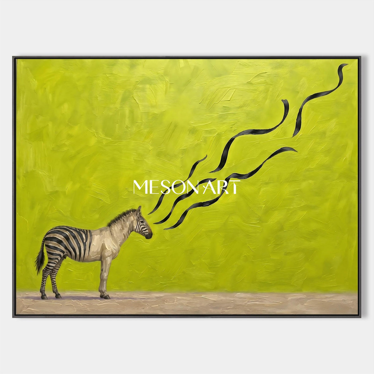 Quadro astratto in stile surrealista con motivi zebrati in verde e nero, opera d’arte da parete rettangolare per il soggiorno, di Mesonart