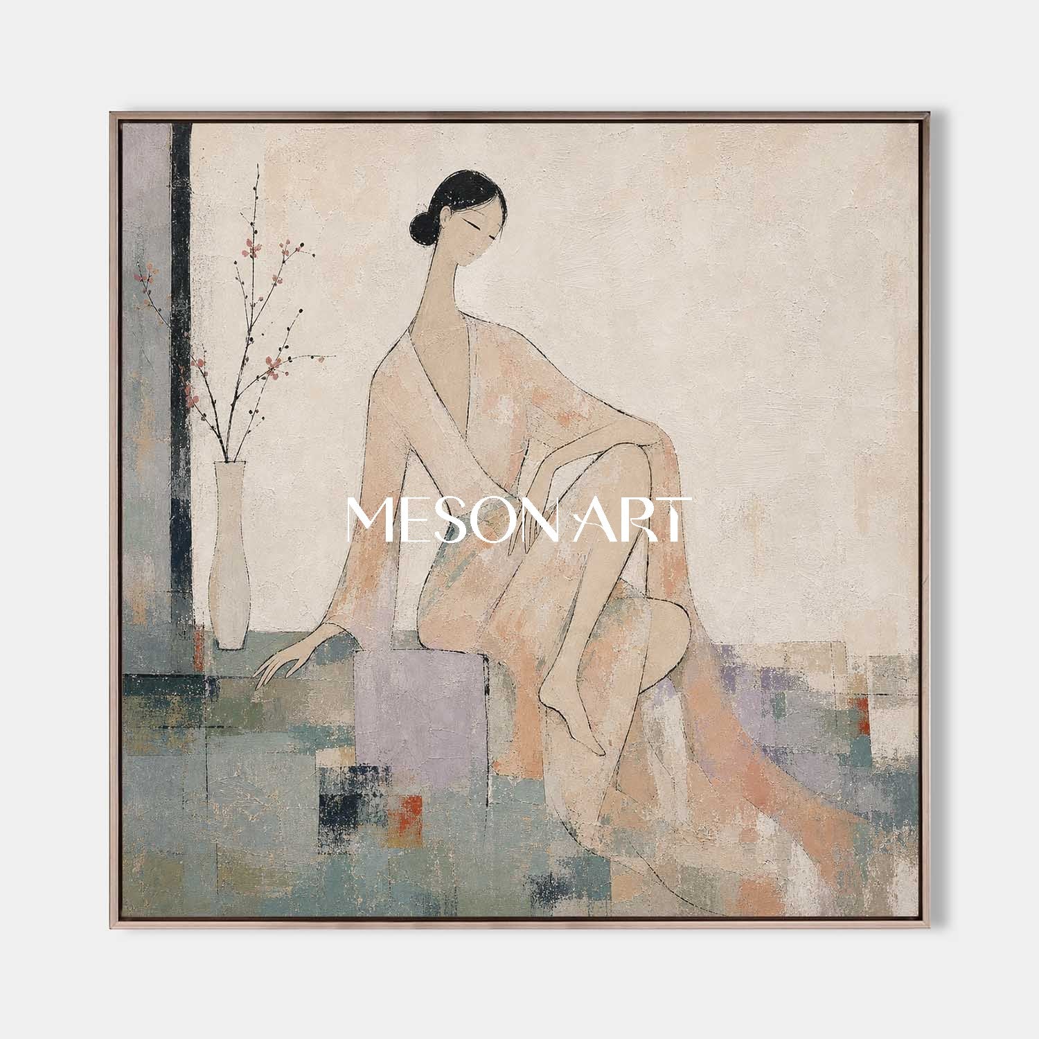 Minimalist Female Portrait Painting In Beige And Gray For Modern Bedroom Decor