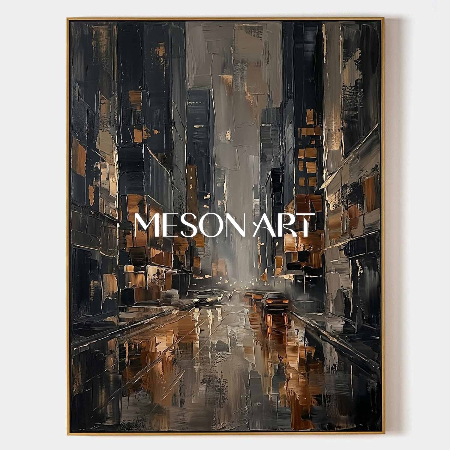 Abstract Cityscape Painting With Gold Accents For Modern Living Room And Office Decor