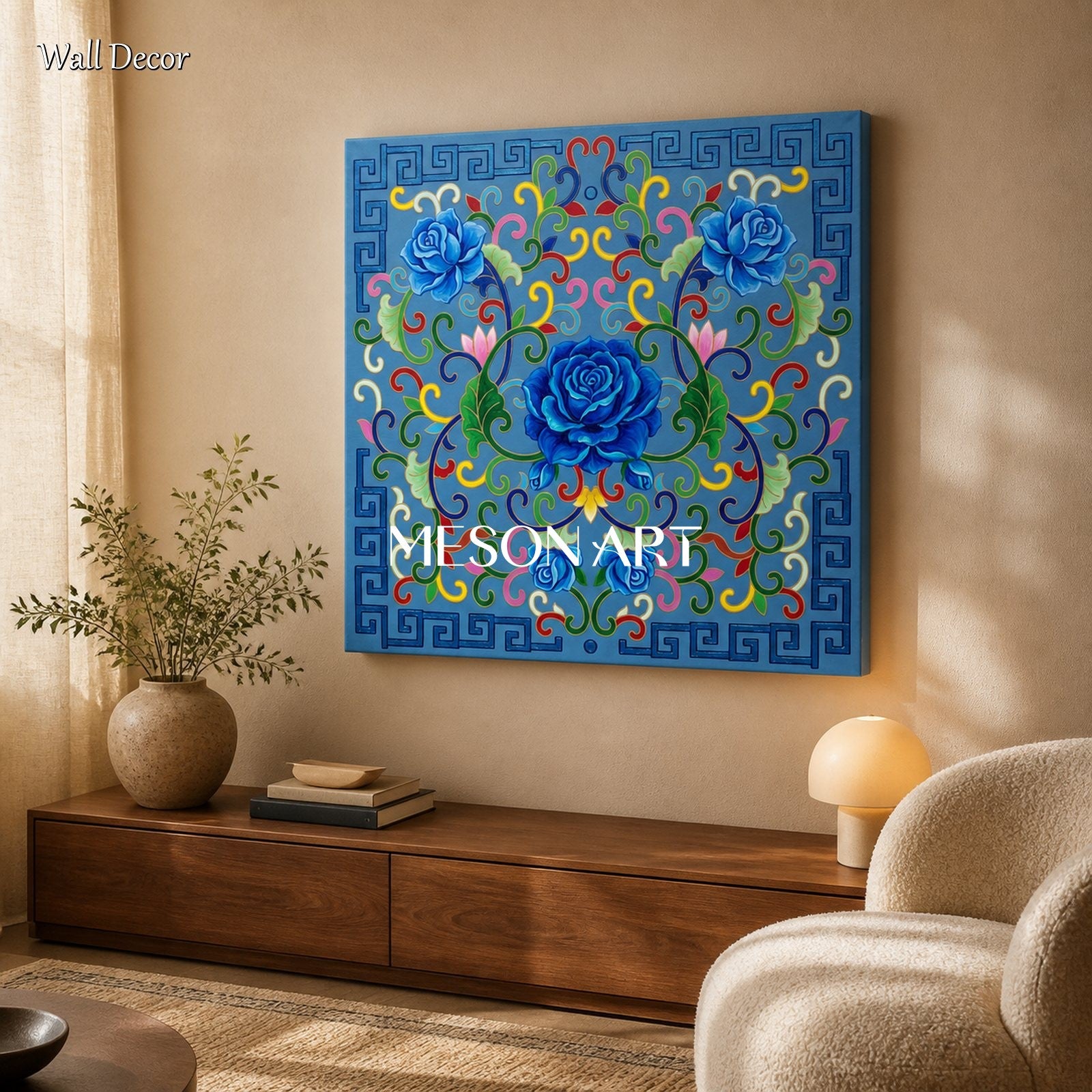 Blue And Gold Persian Floral Geometric Wall Art Square Original Artist Hand Painted By Mesonart