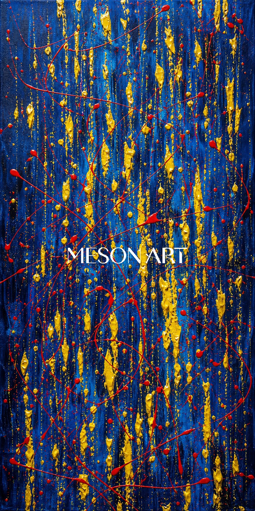 Blue And Gold Abstract Painting For Sale Inspired By Pollock Action Art