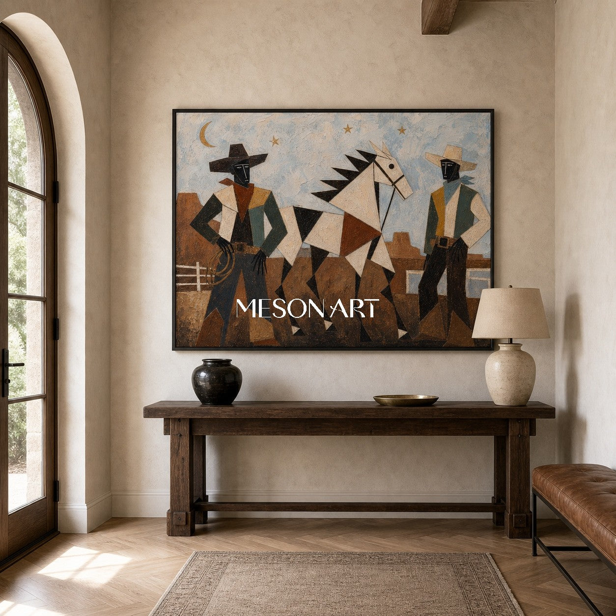 Geometric Cowboy And Horse Painting For Modern Living Room Decor