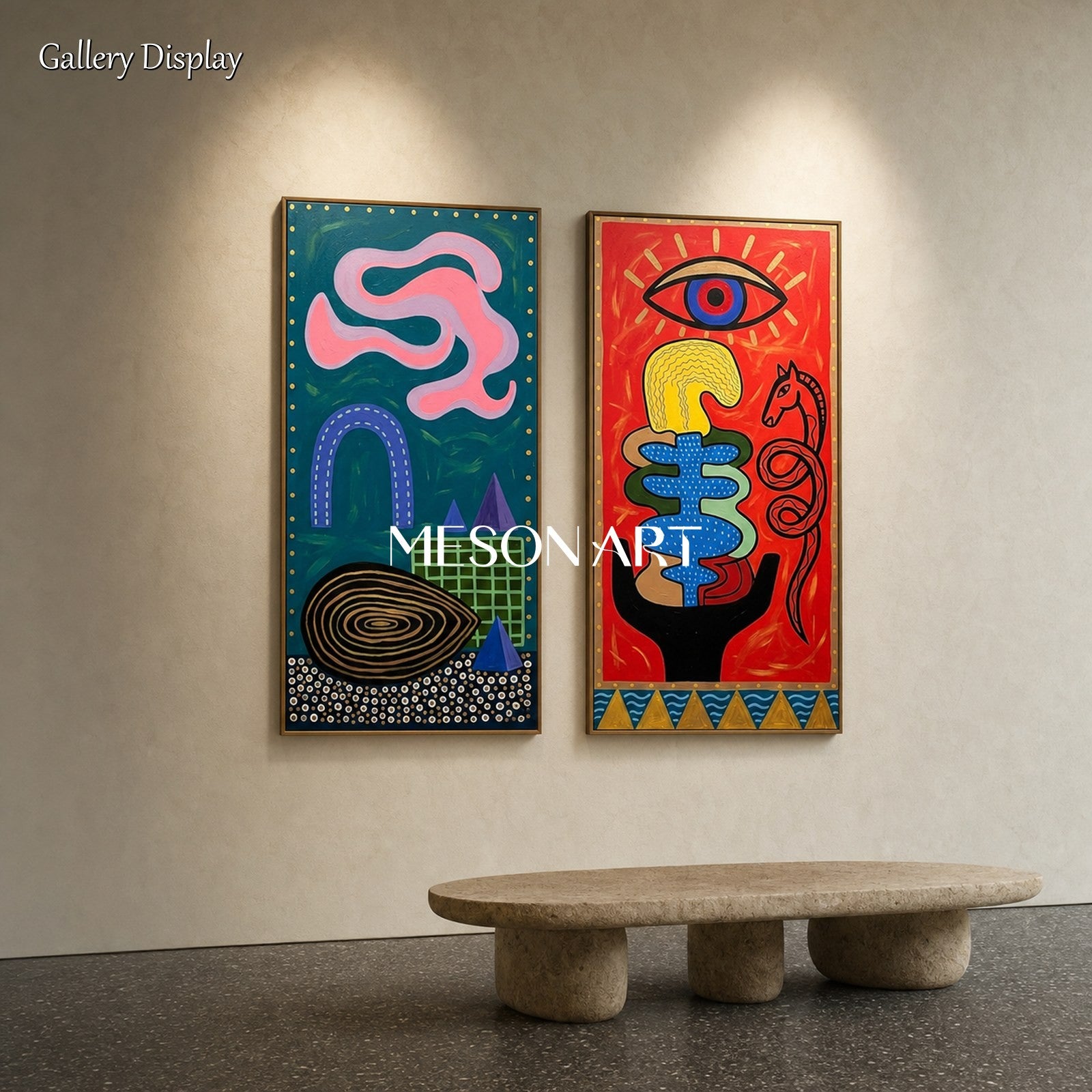 Original Surrealist Art Painting With Bold Red And Teal Colors For Living Room Decor